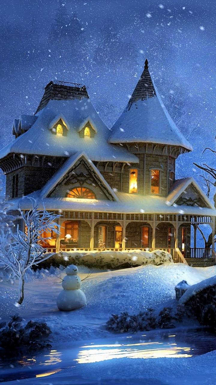 Download mobile wallpaper Winter, Night, Snow, Snowman, Bridge, Painting, Artistic, Church, Snowfall for free.