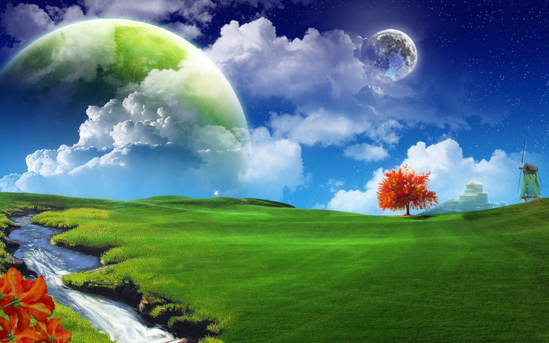 sky, moon, clouds, landscape, background, grass, planets