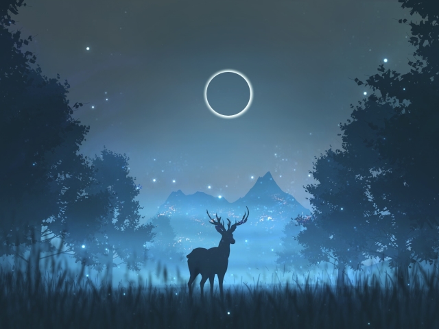 Download mobile wallpaper Fantasy, Night, Deer, Eclipse, Firefly, Fantasy Animals for free.