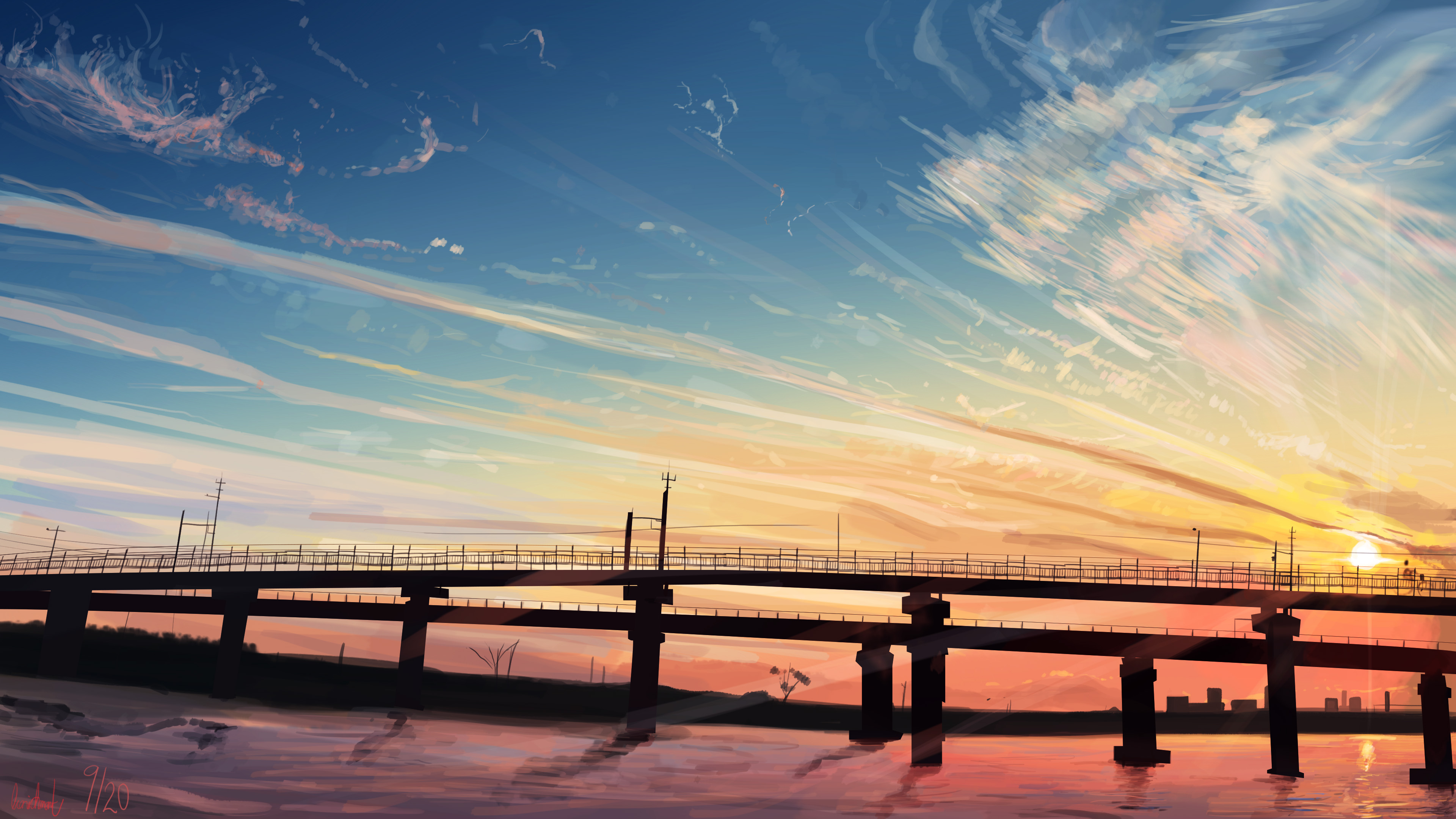 Download mobile wallpaper Anime, Water, Sunset, Sky, Bridge, Cloud, Original for free.