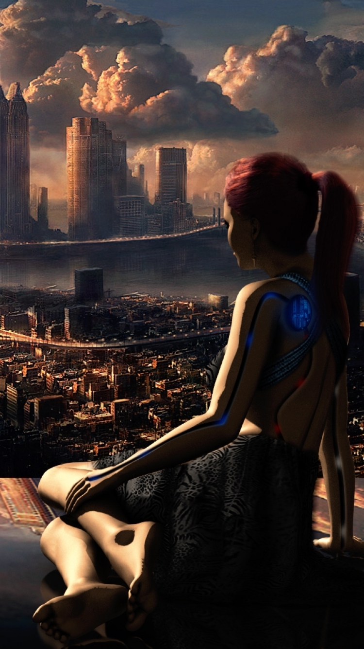Download mobile wallpaper Sunset, City, Reflection, Robot, Sci Fi, Futuristic City for free.