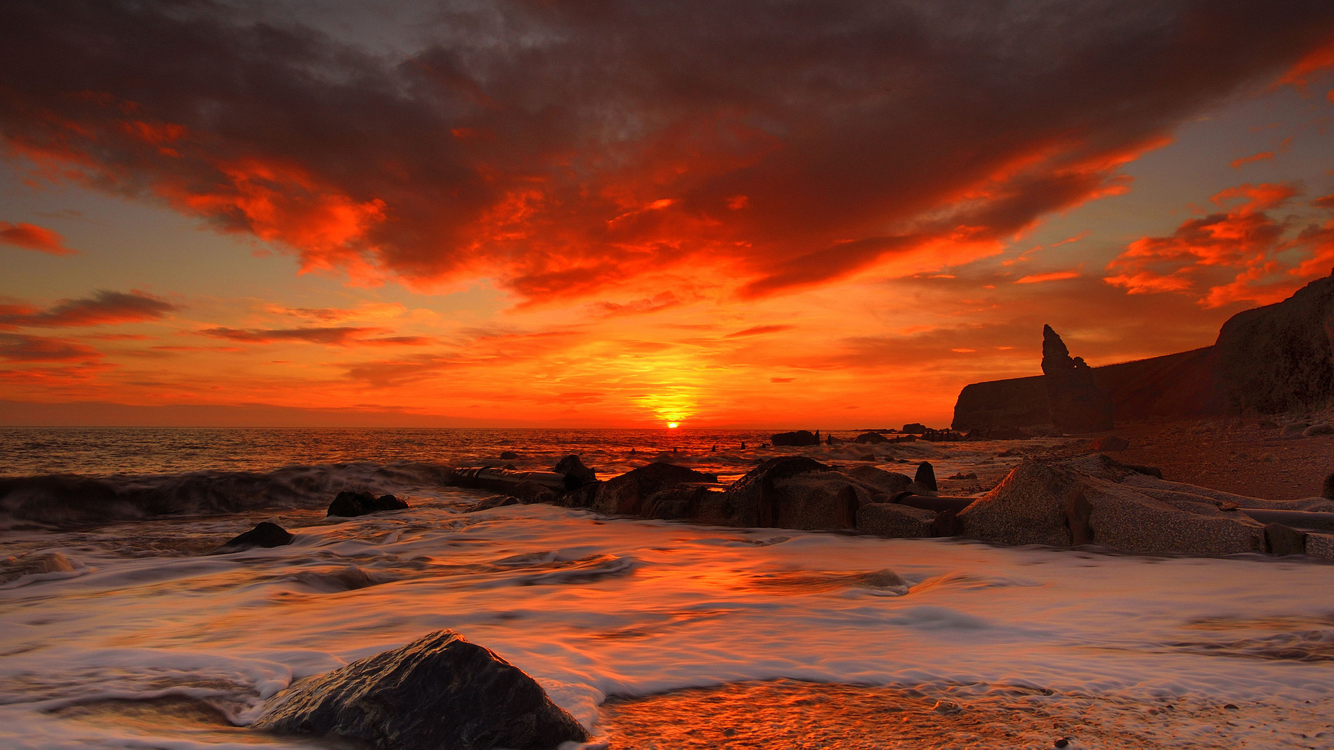 Download mobile wallpaper Sunset, Sea, Beach, Horizon, Ocean, Earth, Orange (Color) for free.