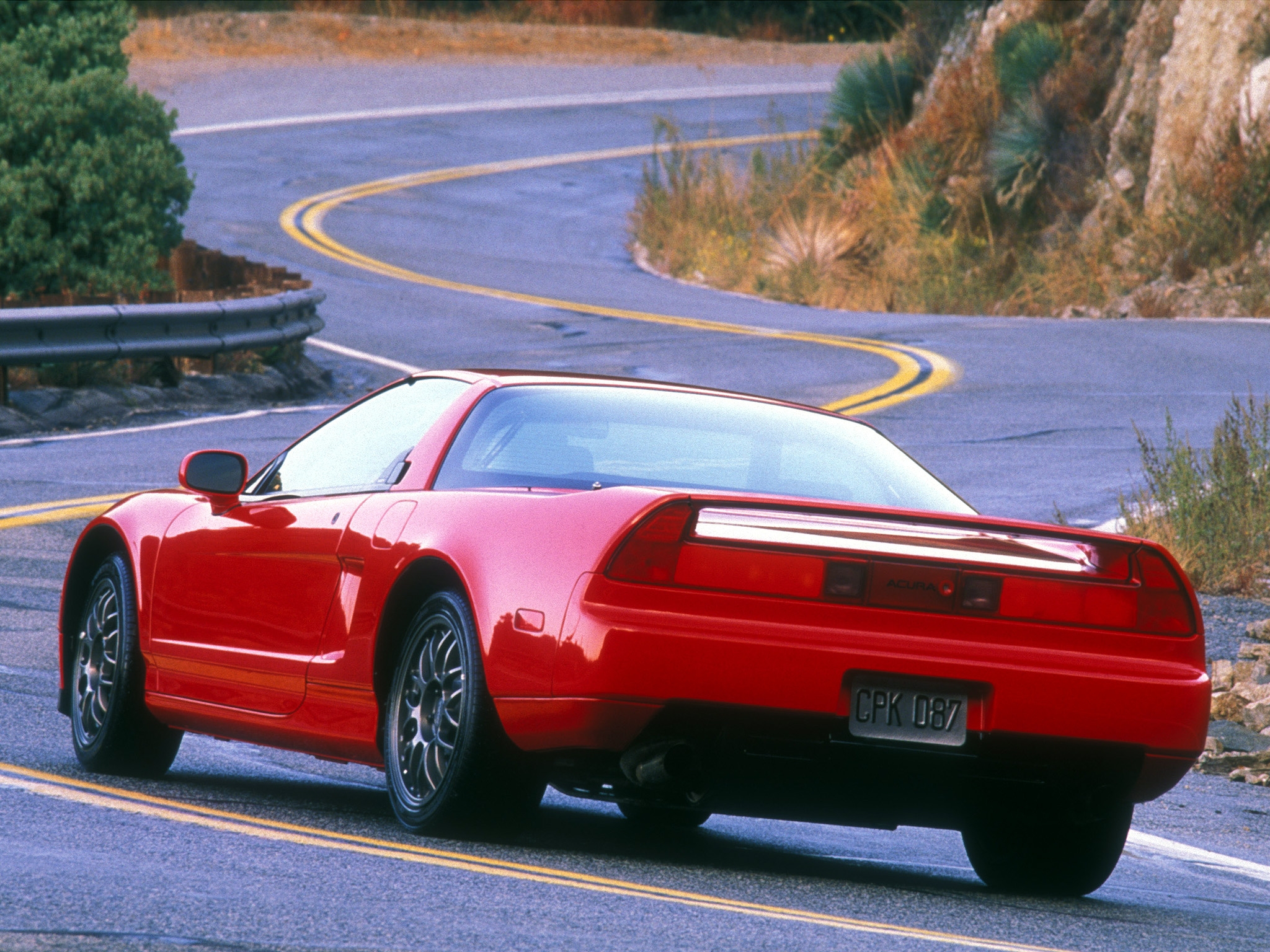 sports, auto, nature, acura, cars, red, rocks, road, back view, rear view, style, akura, 1999, nsx, hsx, nsh
