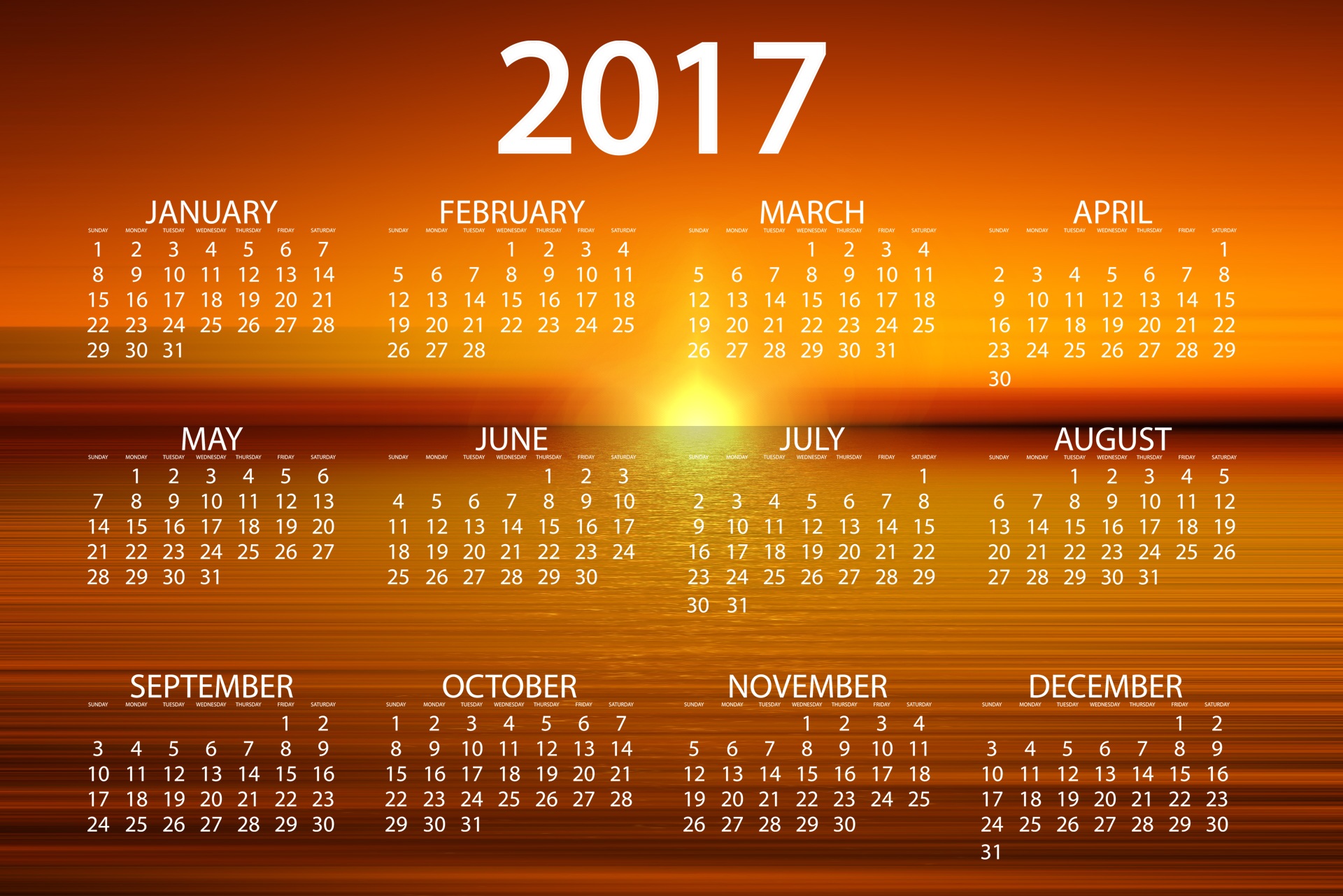 756980 завантажити картинку різне, календар, свято, новий рік 2017, помаранчевий колір), захід сонця - шпалери і заставки безкоштовно