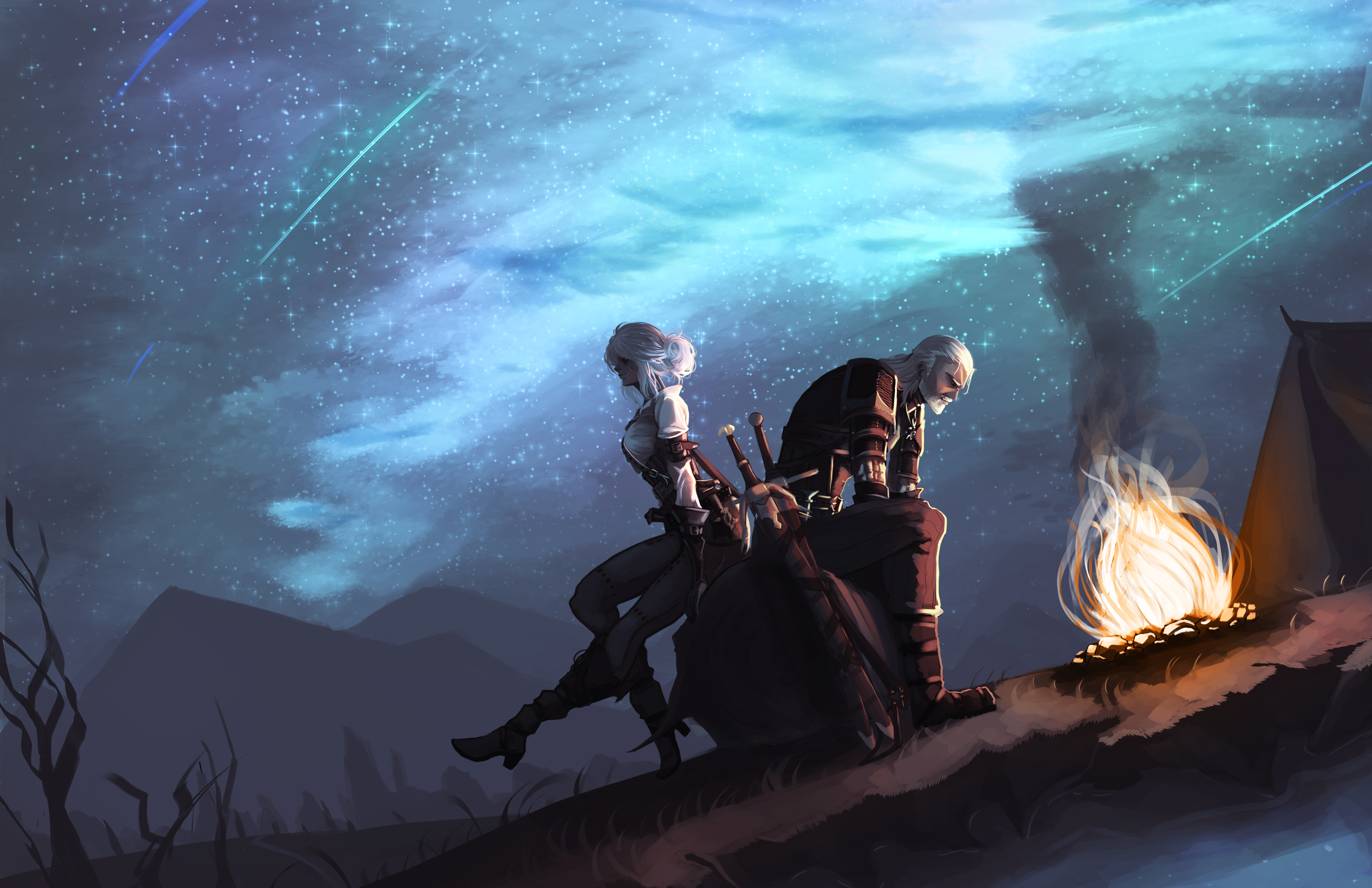 the witcher 3: wild hunt, the witcher, video game, bonfire, ciri (the witcher), geralt of rivia, night