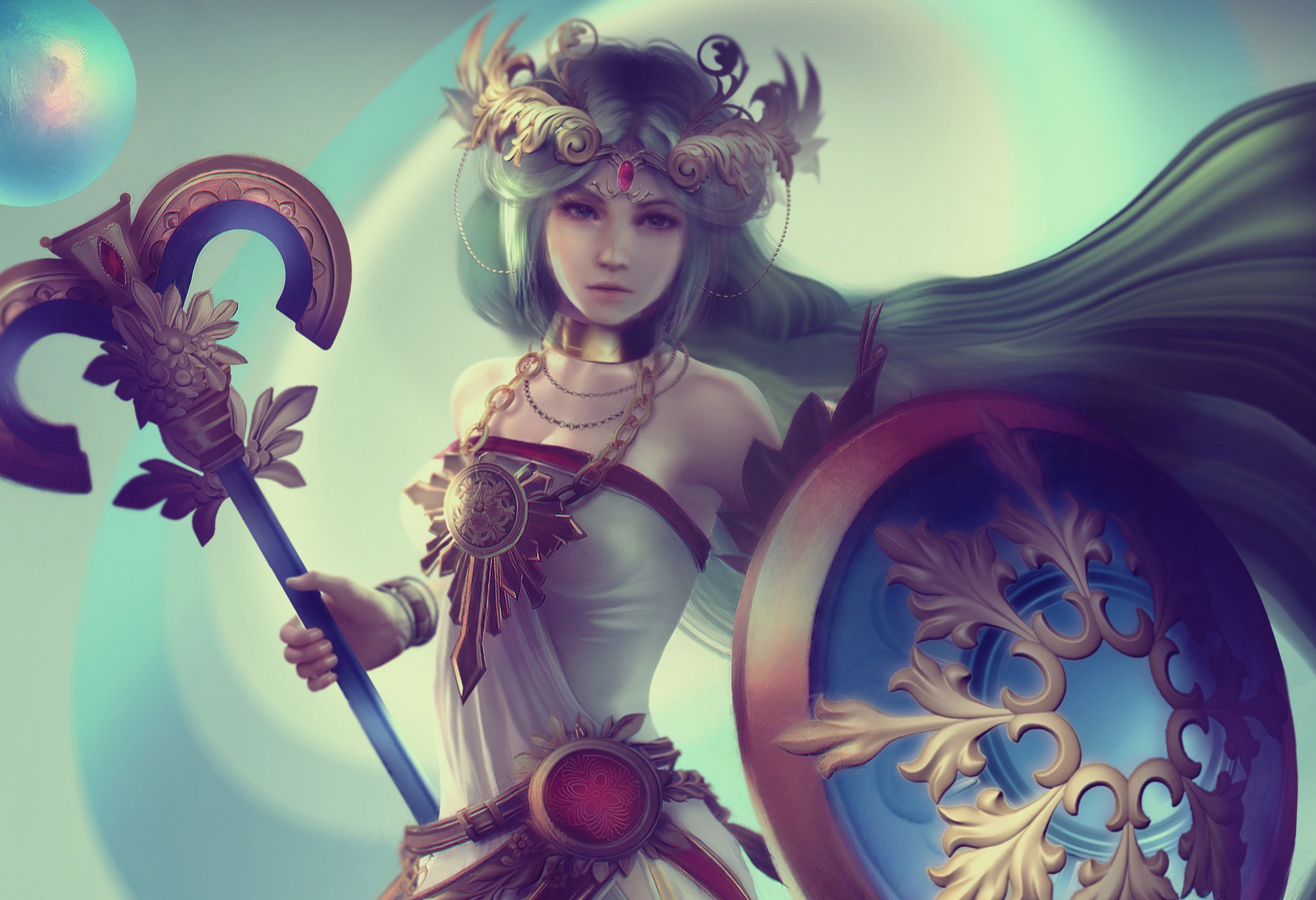 Download mobile wallpaper Fantasy, Shield, Necklace, Blue Hair, Long Hair, Women Warrior, Woman Warrior for free.