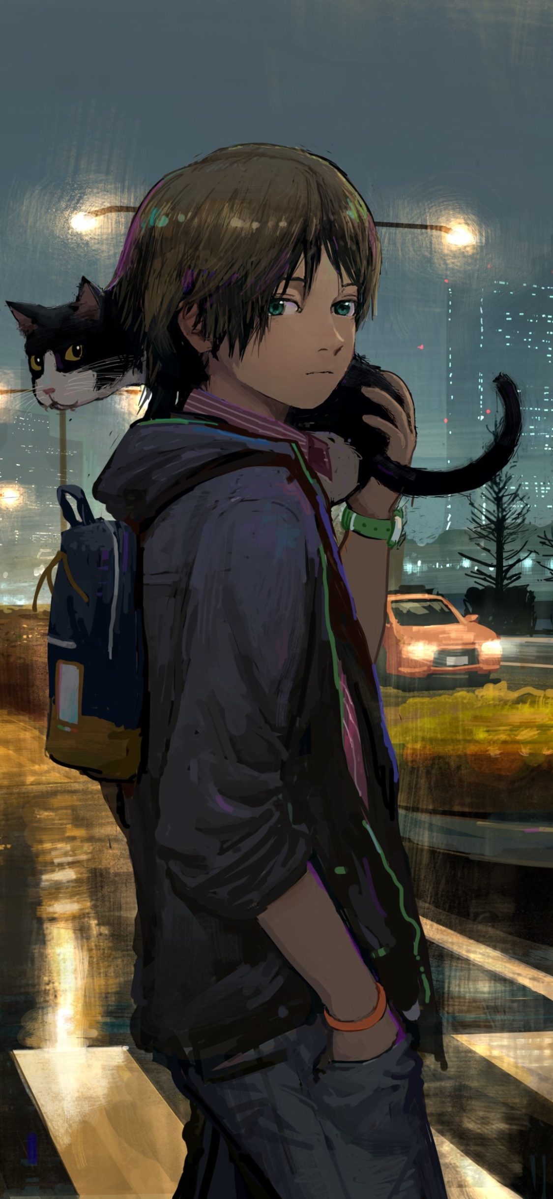 Download mobile wallpaper Anime, Night, Cat, Boy for free.