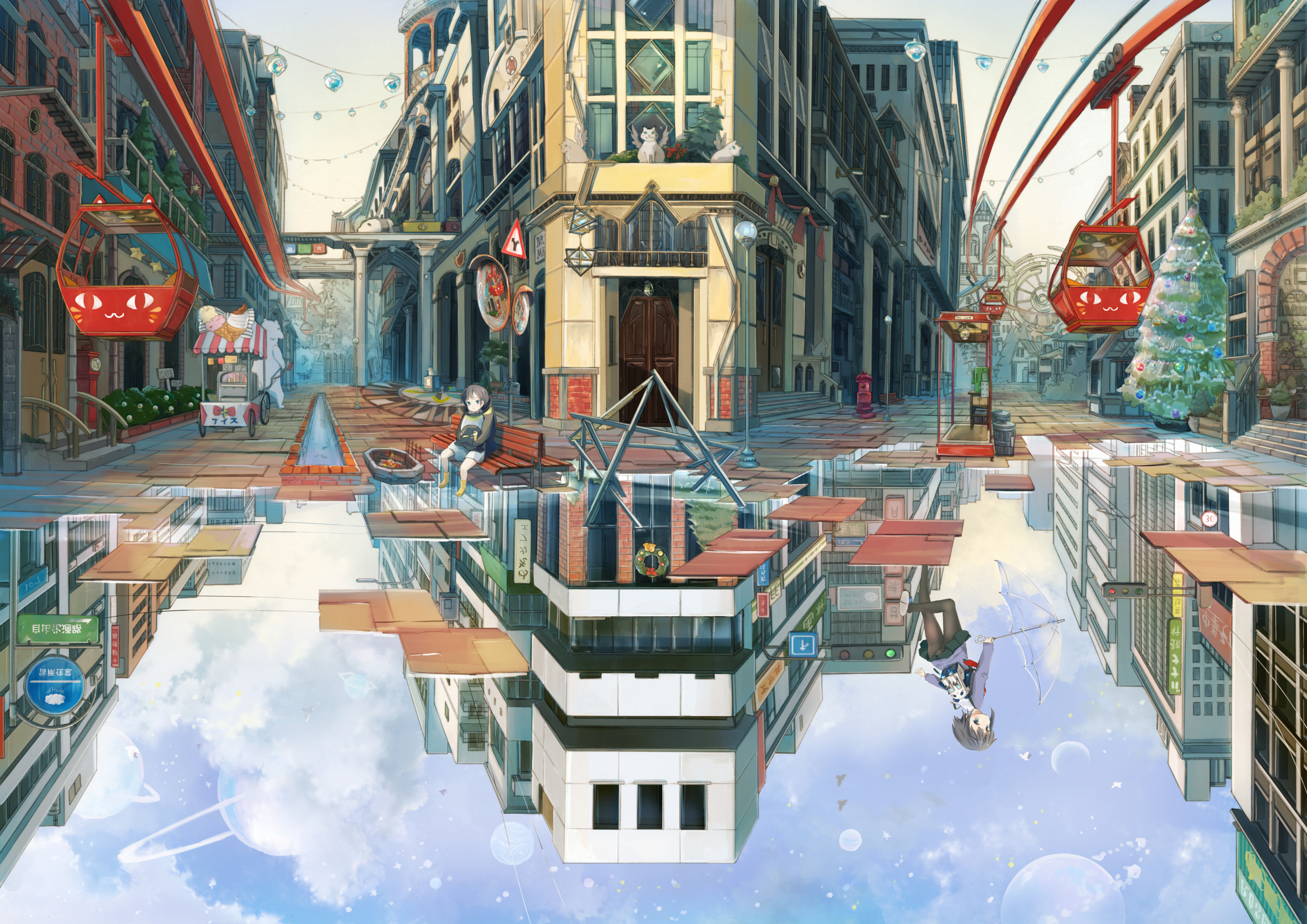 Download mobile wallpaper Anime, Water, City, Building, Reflection, Child, Original for free.