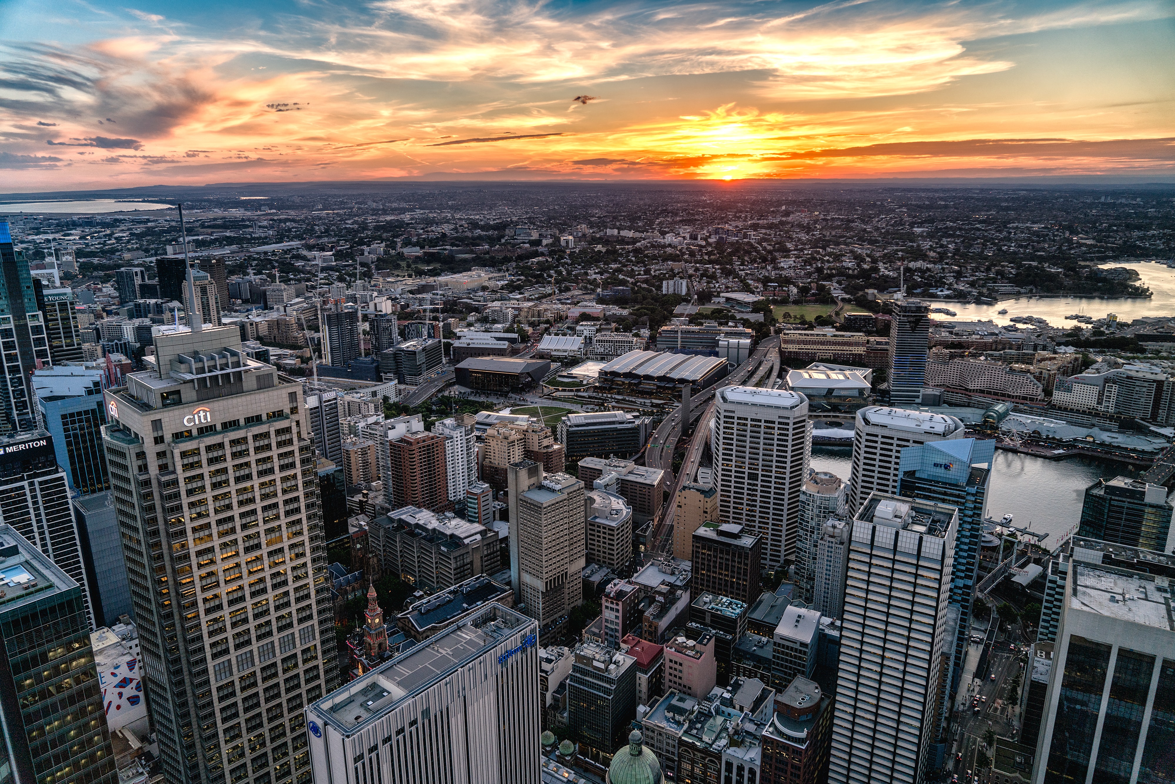 Free download wallpaper Sunset, View From Above, Cities, City, Building, Urban Landscape, Cityscape on your PC desktop
