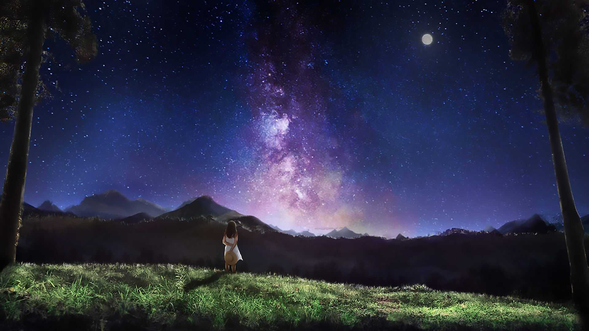 Download mobile wallpaper Anime, Fantasy, Night, Moon, Mountain, Field, Galaxy, Original for free.