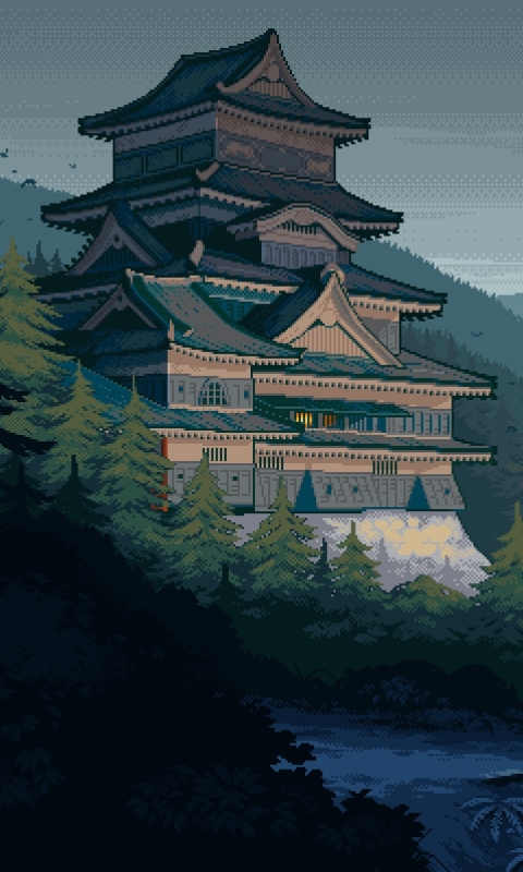 Download mobile wallpaper Mountain, Japan, Artistic, Castle, Pixel Art for free.