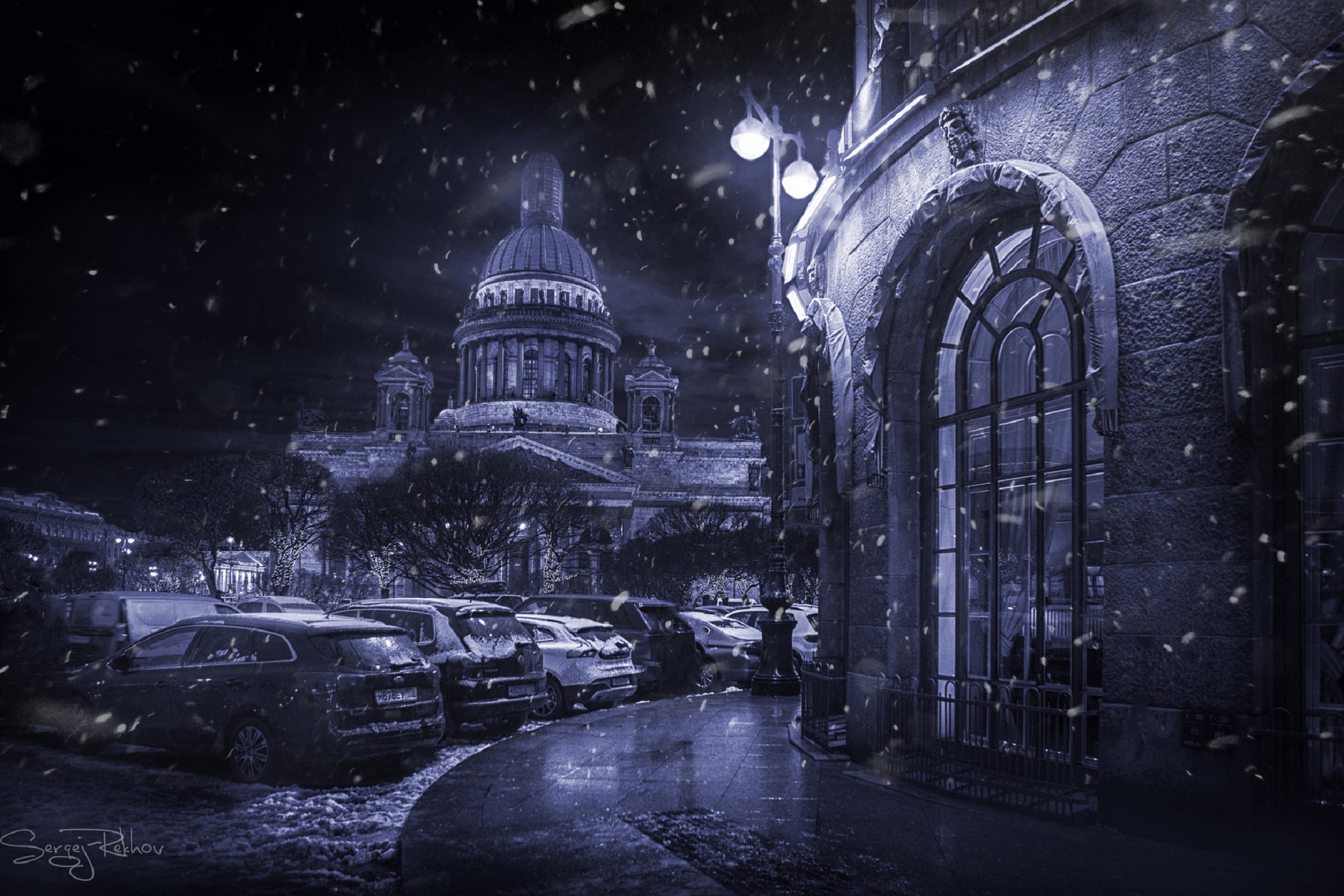 Download mobile wallpaper Cities, Winter, Night, Snow, City, Car, Saint Petersburg, Man Made for free.