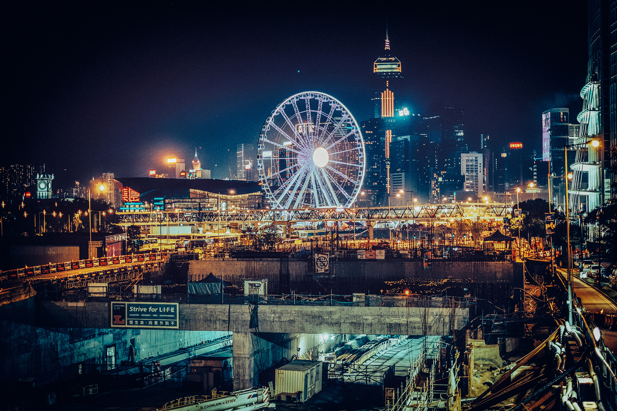 Download mobile wallpaper Cities, Night, City, Building, Ferris Wheel, China, Hong Kong, Man Made for free.