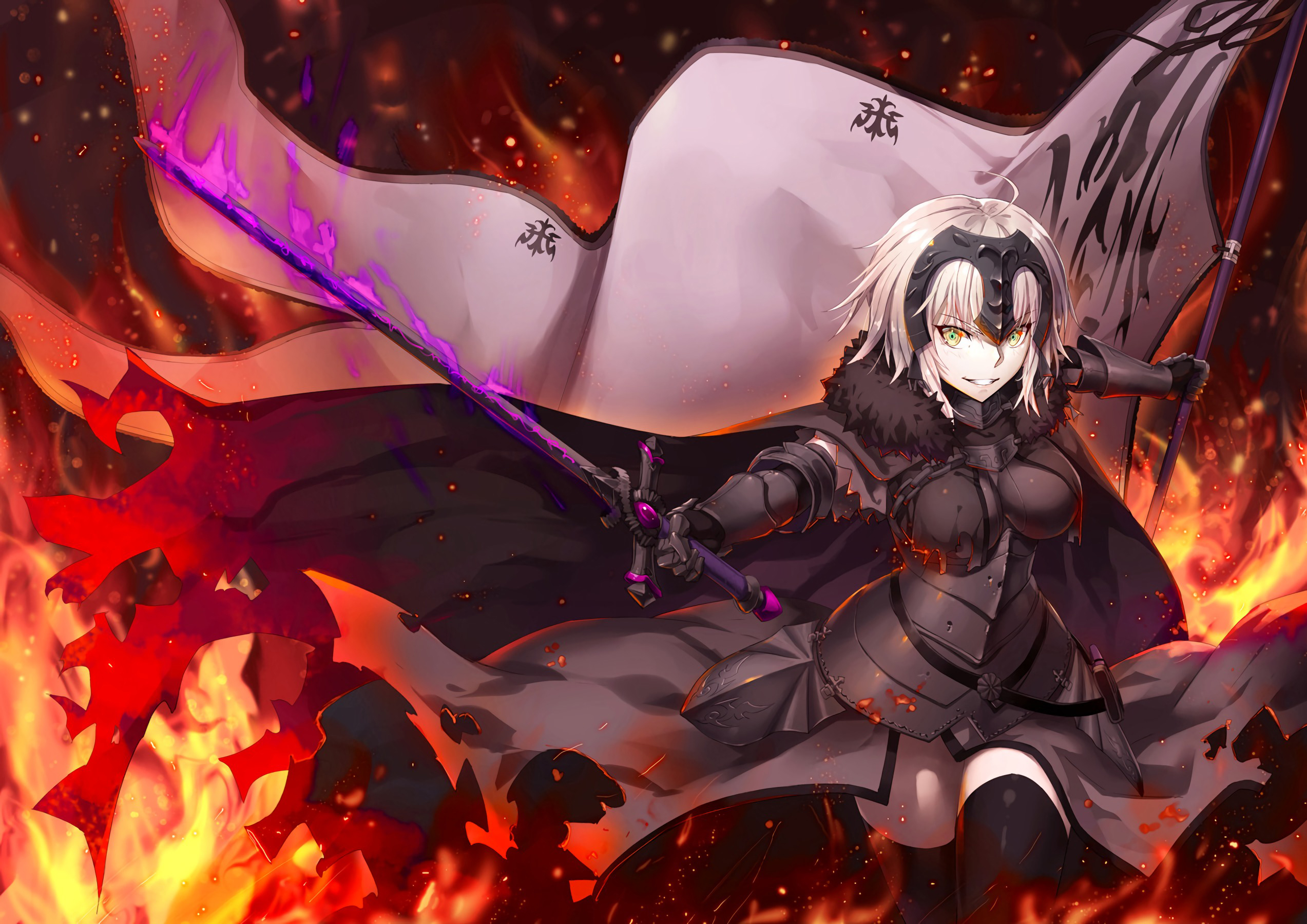 Download mobile wallpaper Anime, Fire, Yellow Eyes, Sword, Short Hair, Fate/grand Order, Jeanne D'arc Alter, Avenger (Fate/grand Order), Banner, Fate Series for free.