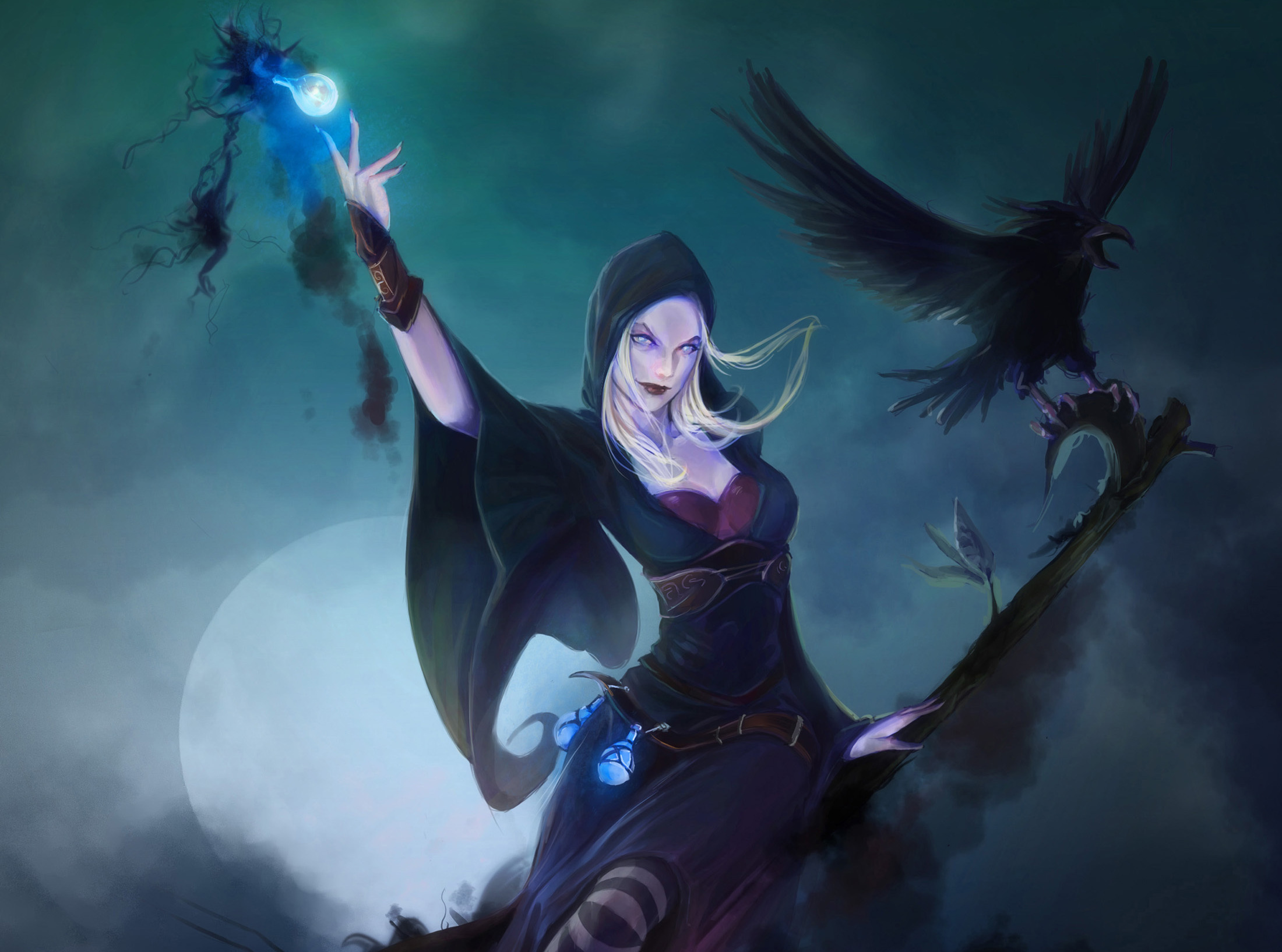 Download mobile wallpaper Magic, Fantasy, Night, Moon, Bird, Blonde, Hood, Crow, Witch for free.