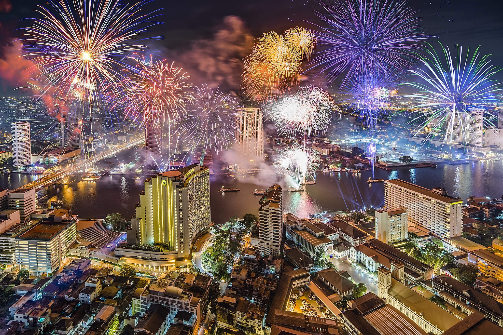 Free download wallpaper Cities, Night, City, Building, Cityscape, Fireworks, Thailand, Bangkok, Man Made on your PC desktop