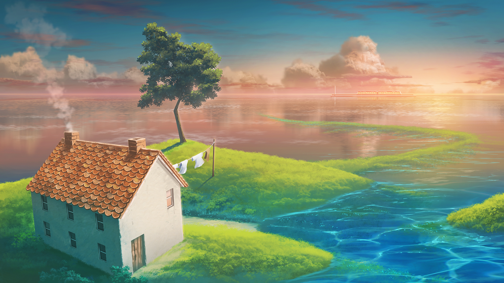 Download mobile wallpaper Anime, Sunset, Sky, Sea, Tree, Ocean, House for free.