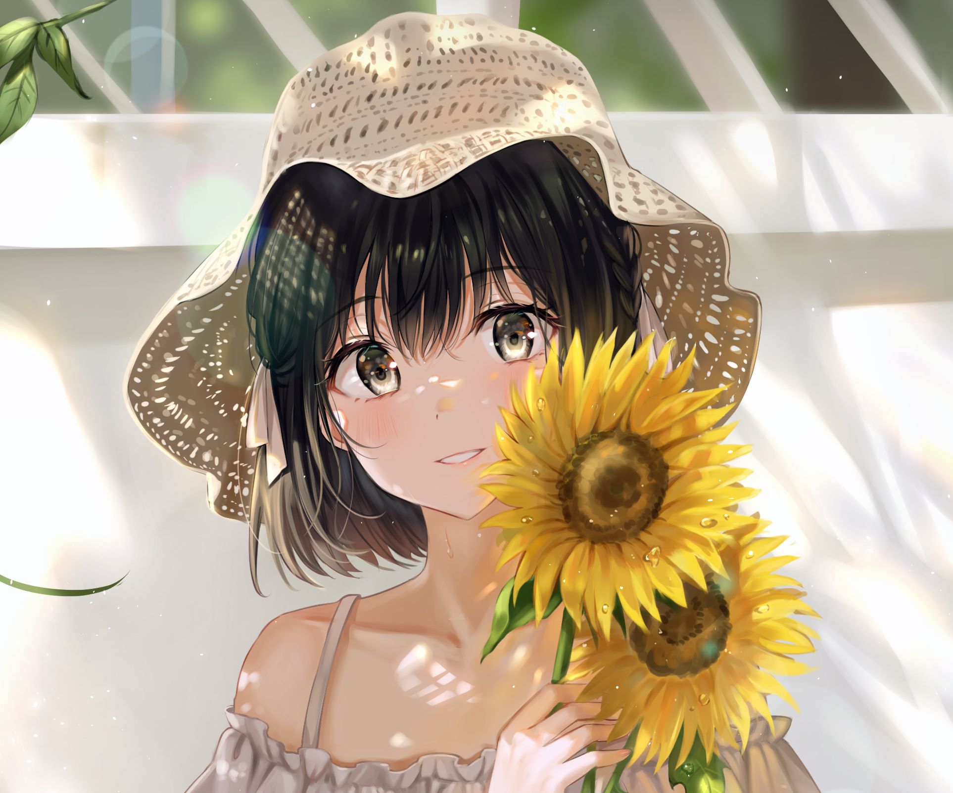 Free download wallpaper Anime, Sunflower, Hat, Original, Black Hair, Black Eyes on your PC desktop