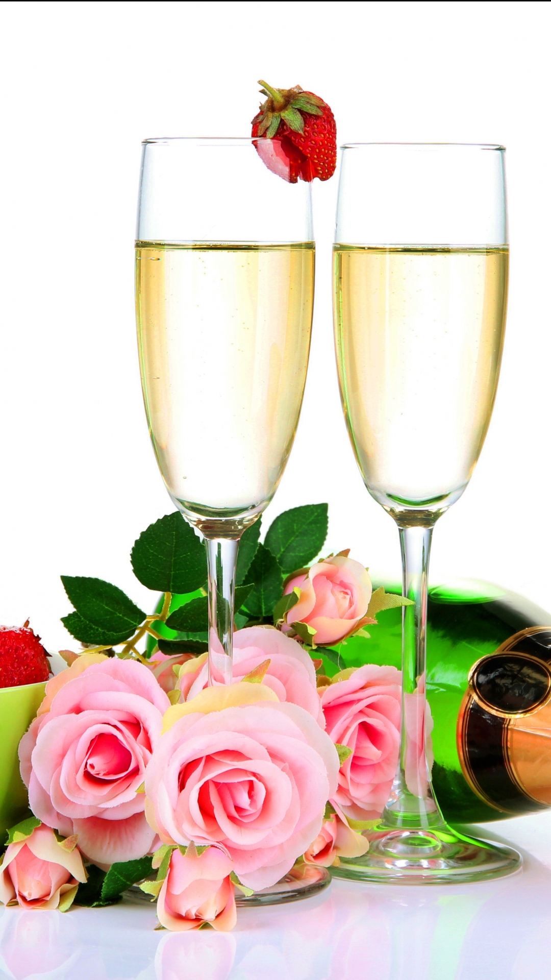 Download mobile wallpaper Food, Strawberry, Still Life, Rose, Champagne for free.