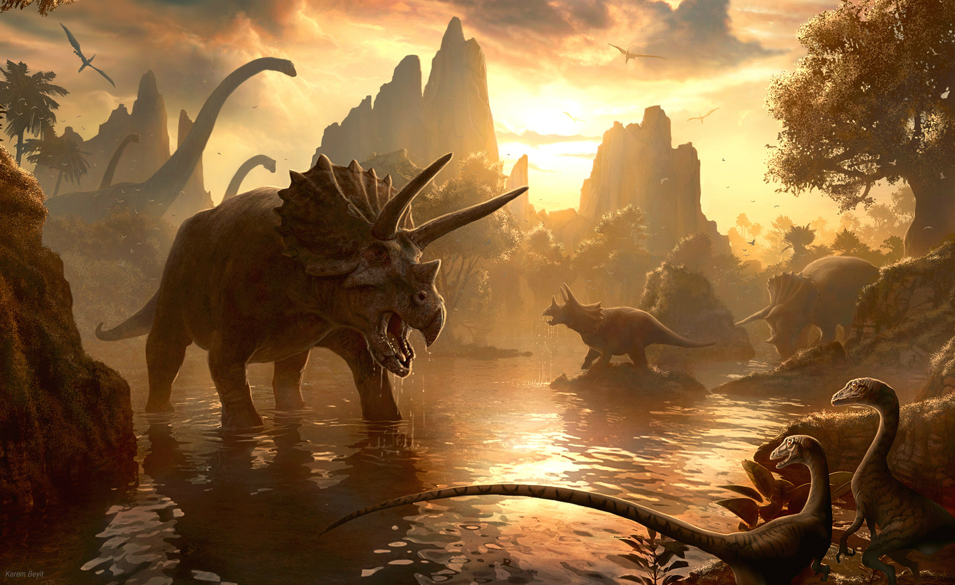 185825 Hintergrundbild herunterladen dinosaurier, tiere, brachiosaurus, triceratops - Bildschirmschoner und Bilder kostenlos