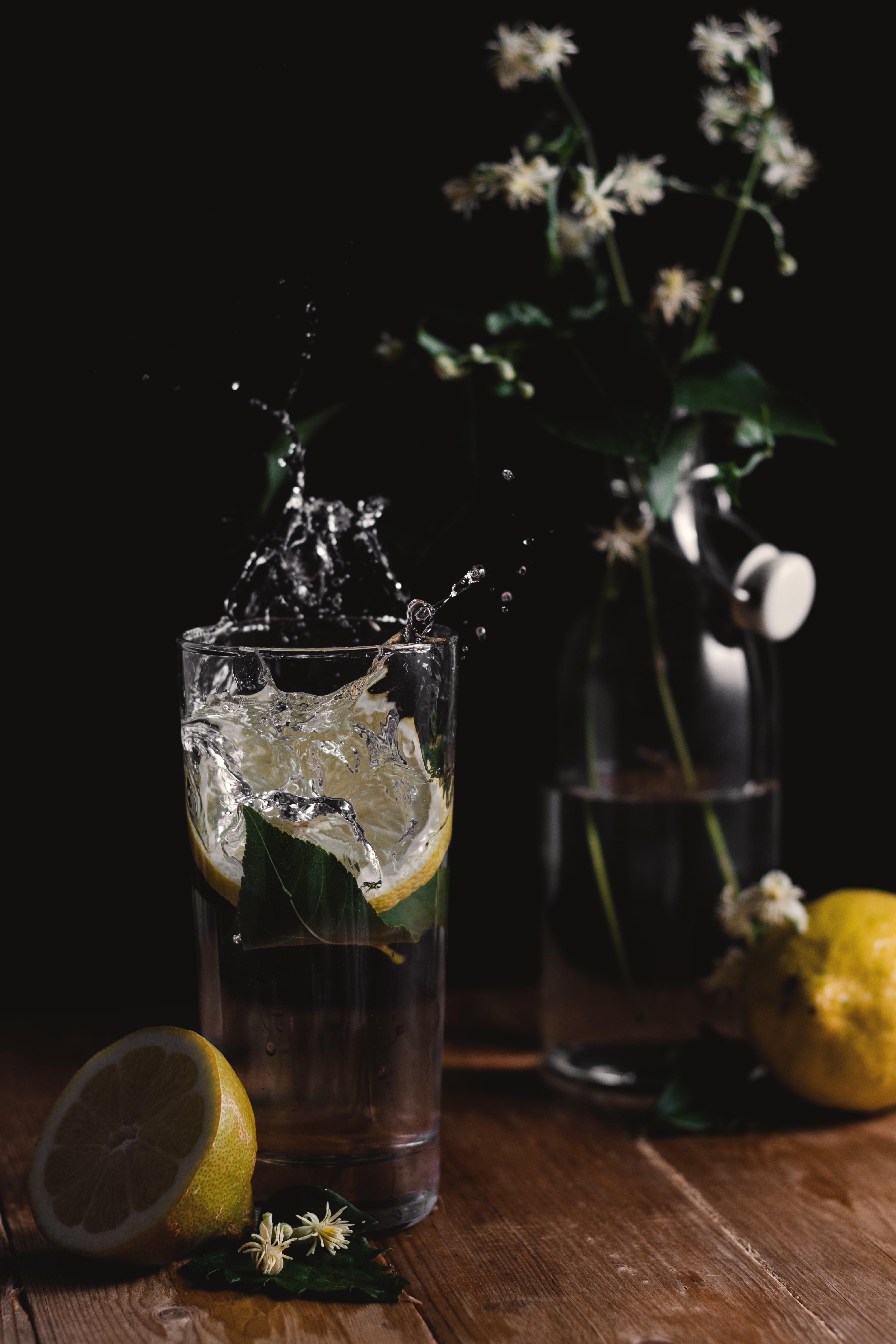 lemon, flowers, food, spray, glass 1080p