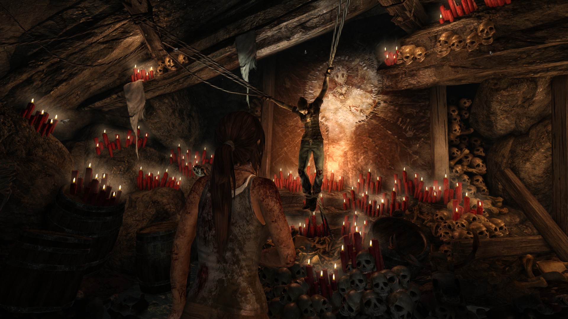 skull, video game, tomb raider (2013), candle, light, red, tomb raider