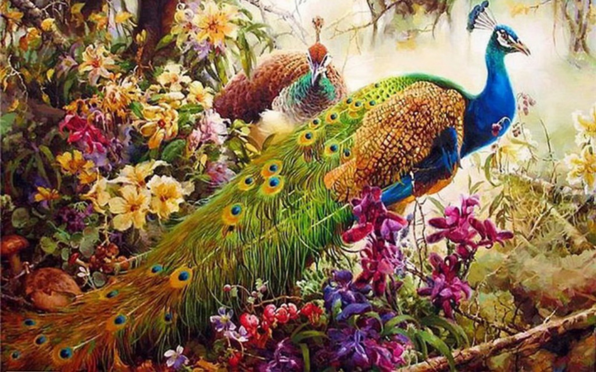 Download mobile wallpaper Flower, Forest, Peacock, Painting, Artistic for free.