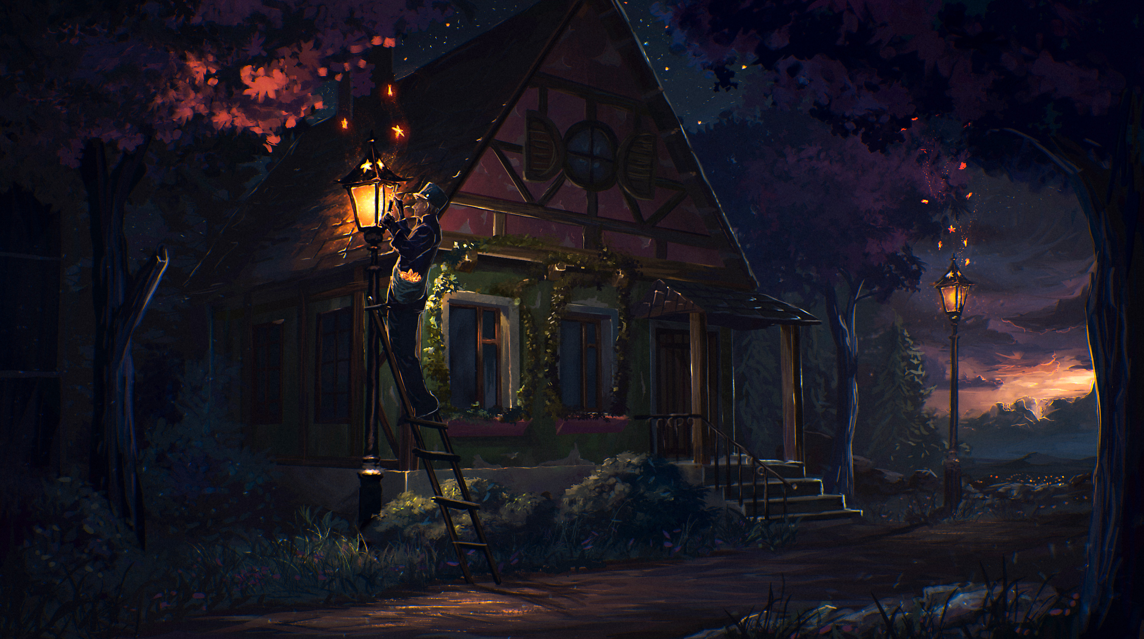 Free download wallpaper Fantasy, Night, Tree, House on your PC desktop