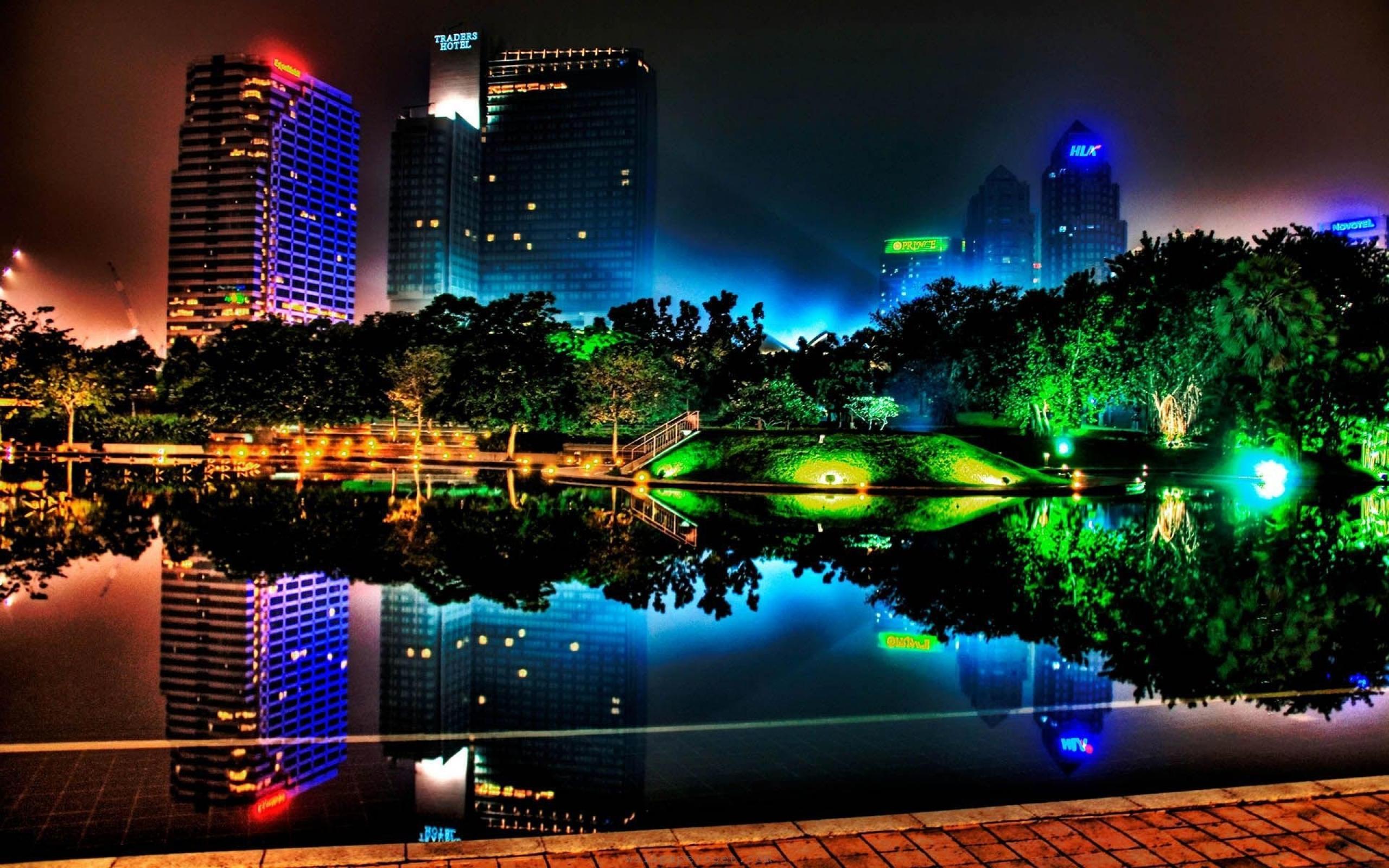 Free download wallpaper Landscape, Cities, Rivers, Night on your PC desktop