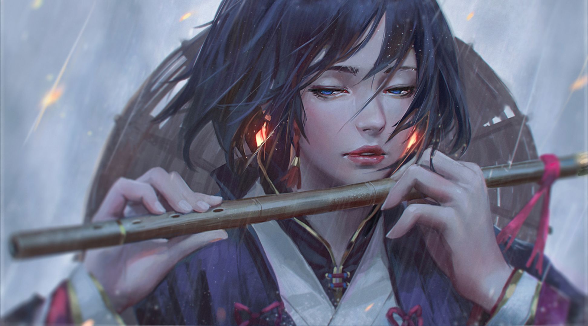 802142 Hintergrundbild herunterladen fantasie, frauen, flöte, kimono, regen, kurzes haar - Bildschirmschoner und Bilder kostenlos