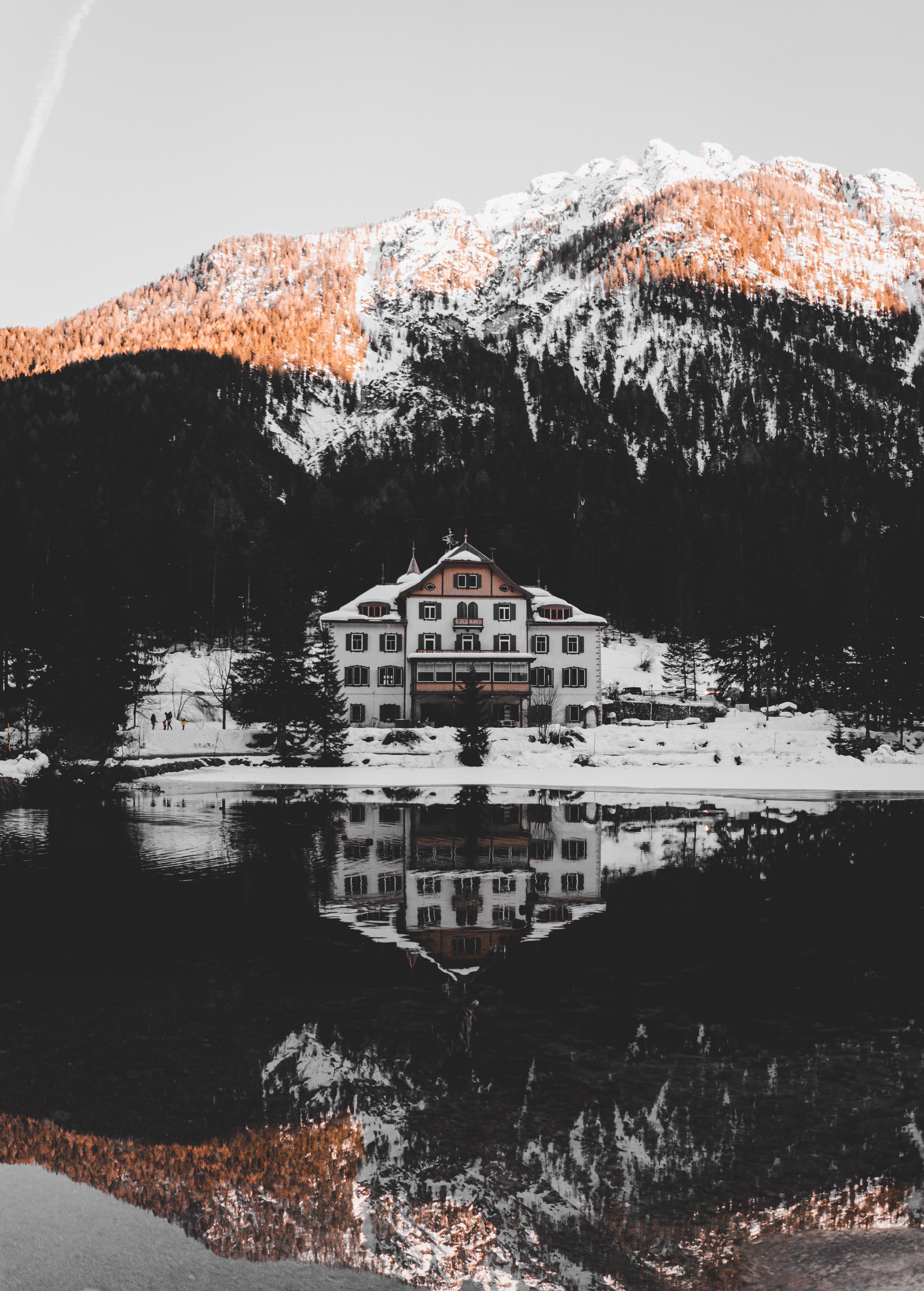 Download mobile wallpaper Reflection, Lake, Mountains, House, Nature, Landscape for free.