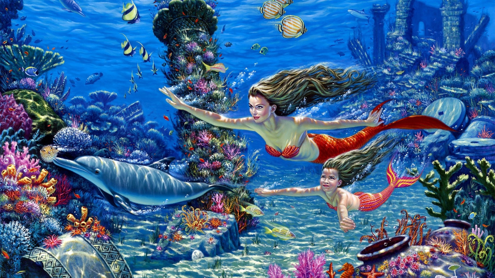 sea, fantasy, mermaid, coral reef, dolphin, fish, pufferfish, shark, underwater