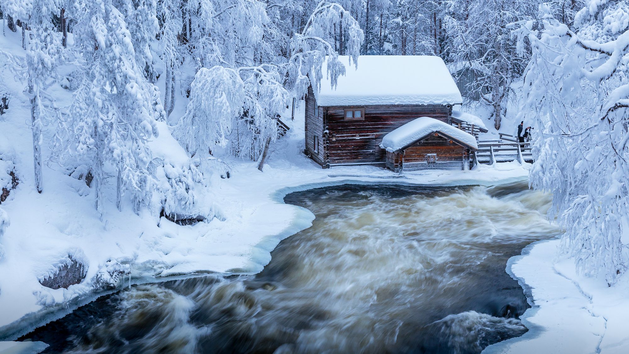 Download mobile wallpaper Winter, Snow, Forest, Tree, River, Cabin, Man Made for free.