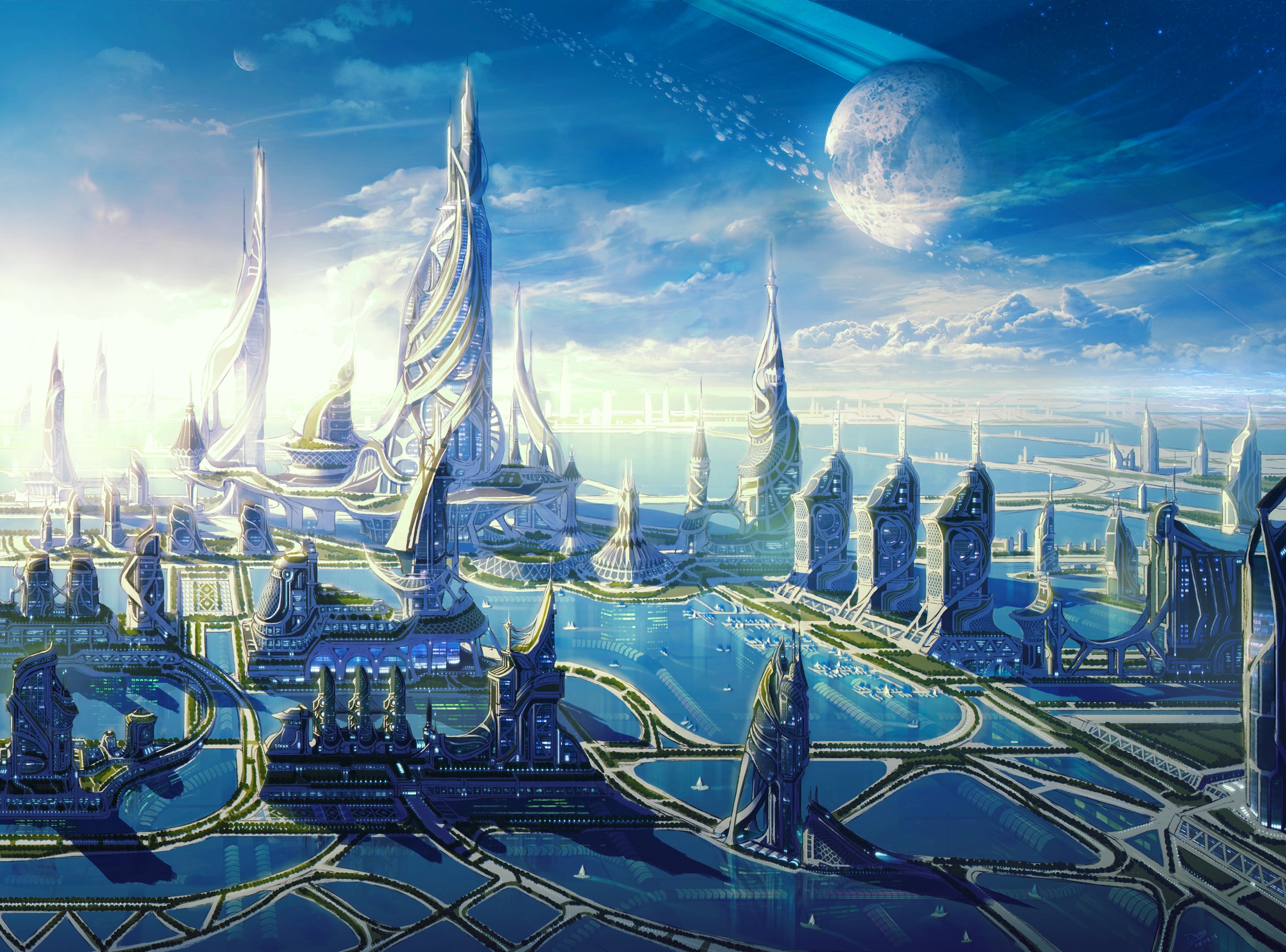 Laden Sie das Wolkenkratzer, Gebäude, Planet, Stadtbild, Science Fiction, Futuristisch, Großstadt-Bild kostenlos auf Ihren PC-Desktop herunter