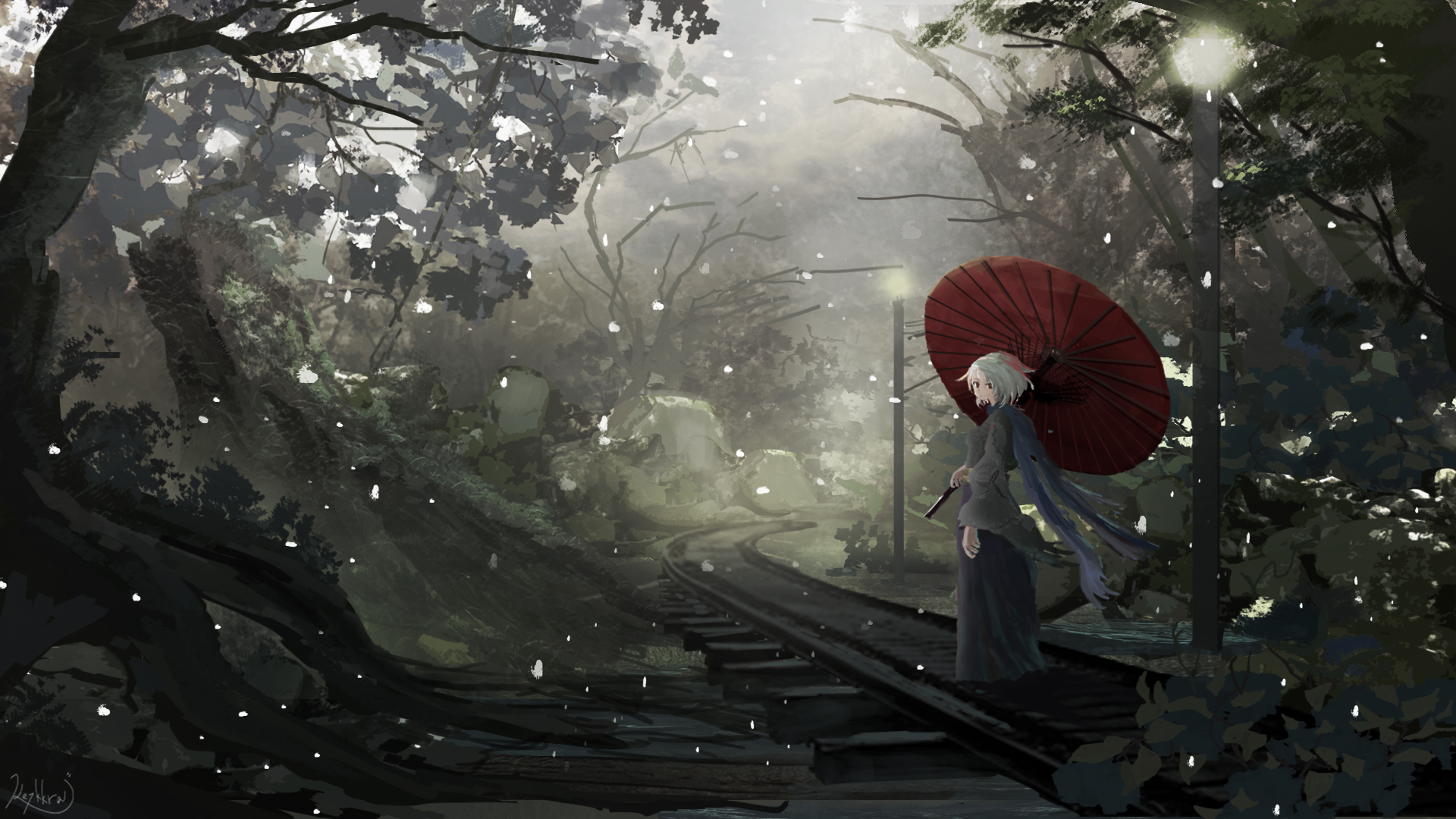 Download mobile wallpaper Anime, Umbrella, Railroad, Original, Scenery, White Hair for free.