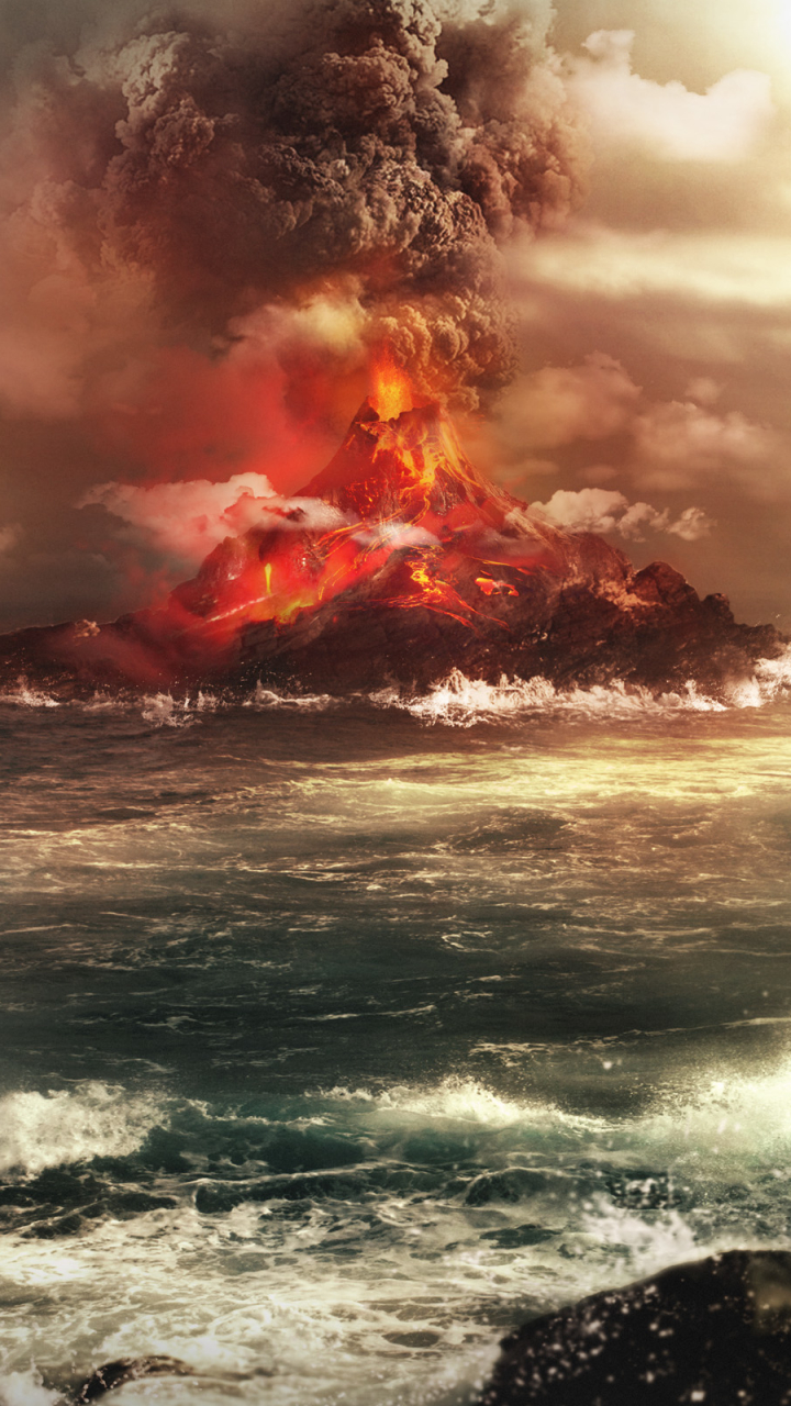 Handy-Wallpaper Flamme, Ozean, Vulkan, Lava, Eruption, Rauch, Vulkane, Erde/natur kostenlos herunterladen.