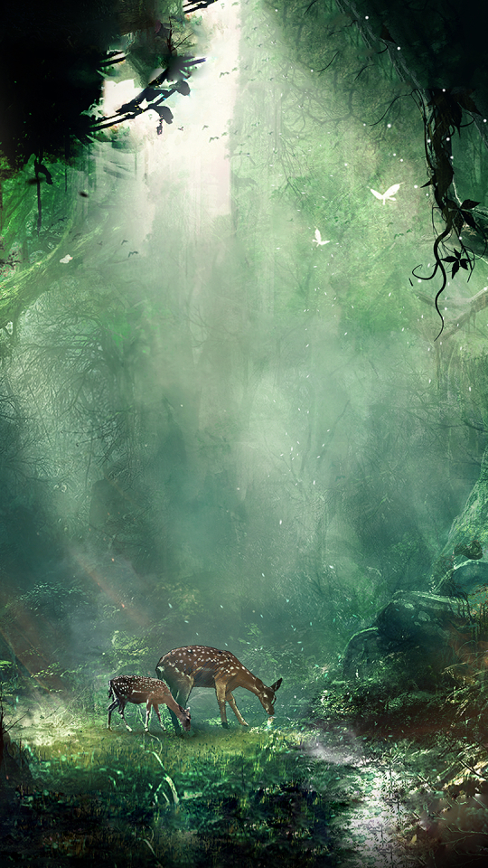 Download mobile wallpaper Fantasy, Forest, Fawn, Deer for free.