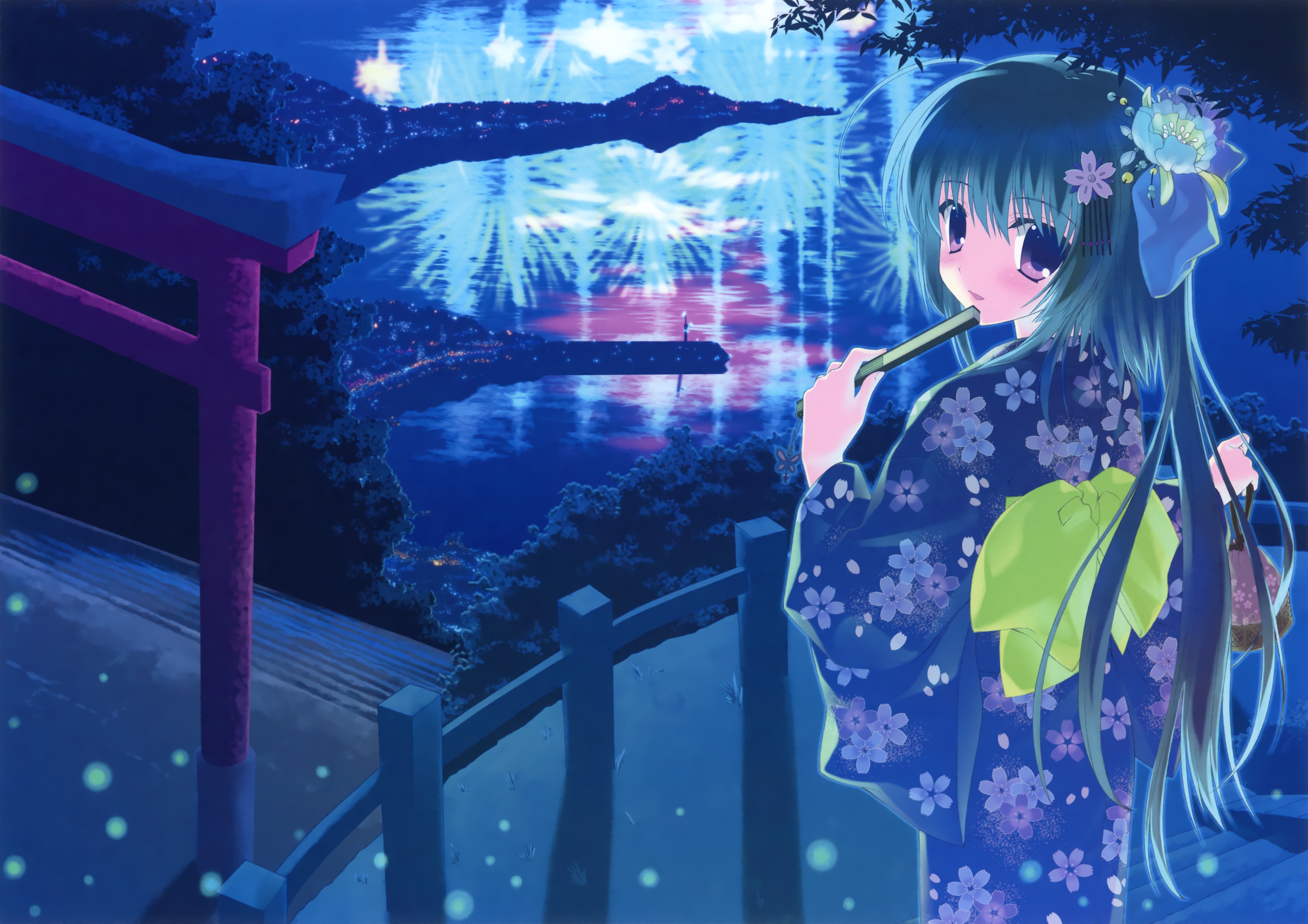 Free download wallpaper Anime, Flower, Smile, Fireworks, Fan, Original, Black Hair, Long Hair, Yukata on your PC desktop