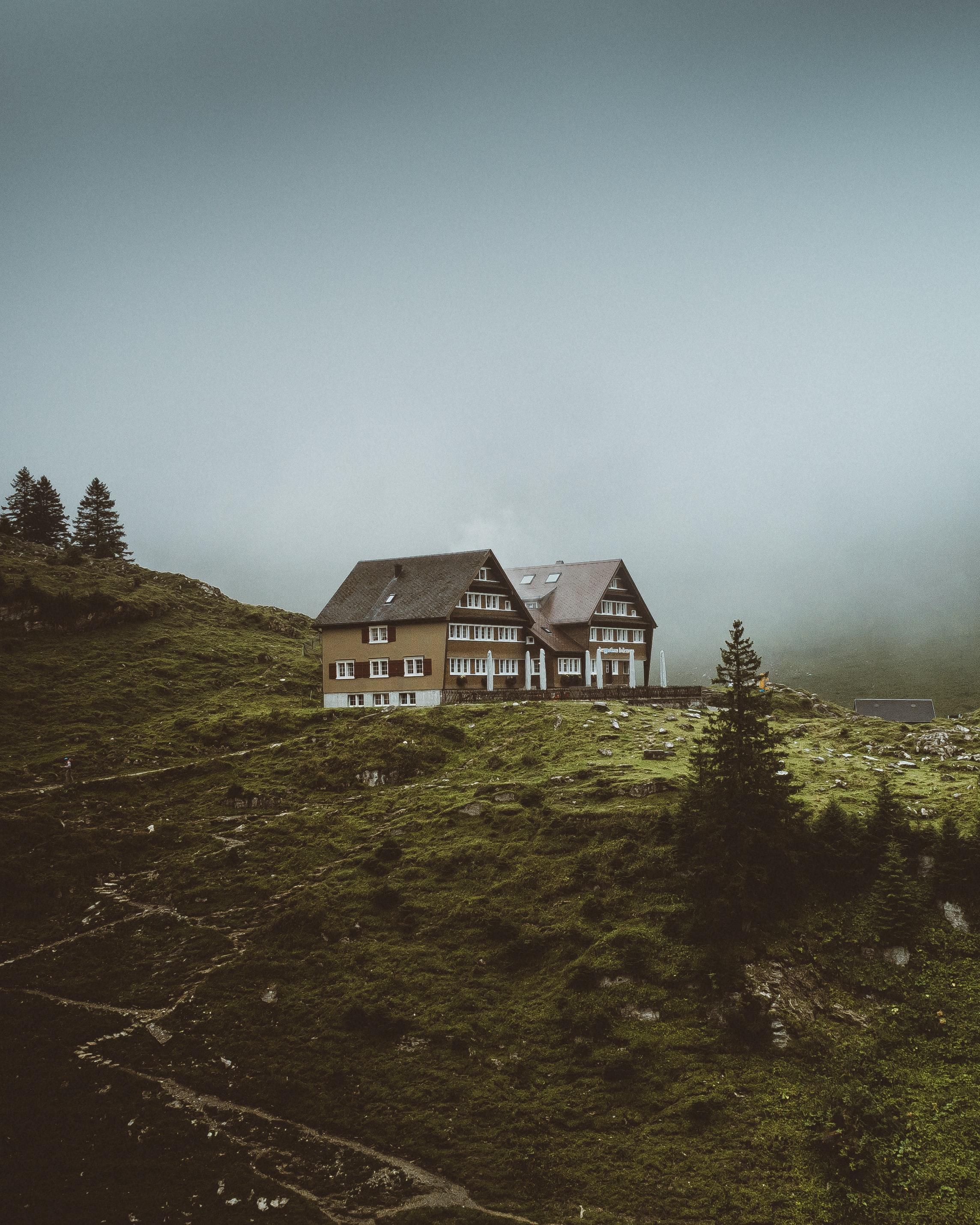 Free download wallpaper Grass, Fog, Slope, Nature, Houses on your PC desktop