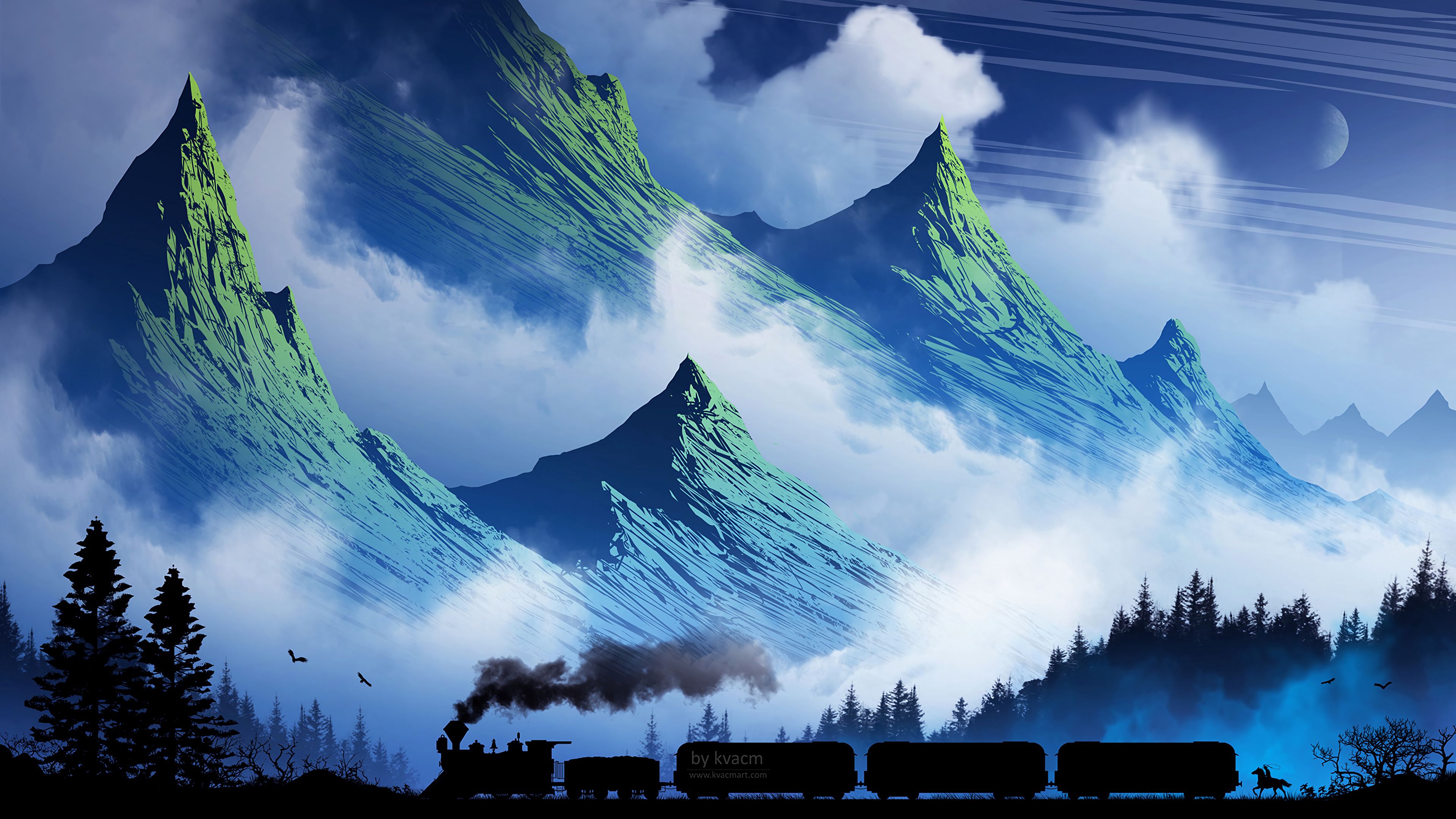 104264 descargar fondo de pantalla arte, fumar, montañas, niebla, un tren, tren: protectores de pantalla e imágenes gratis