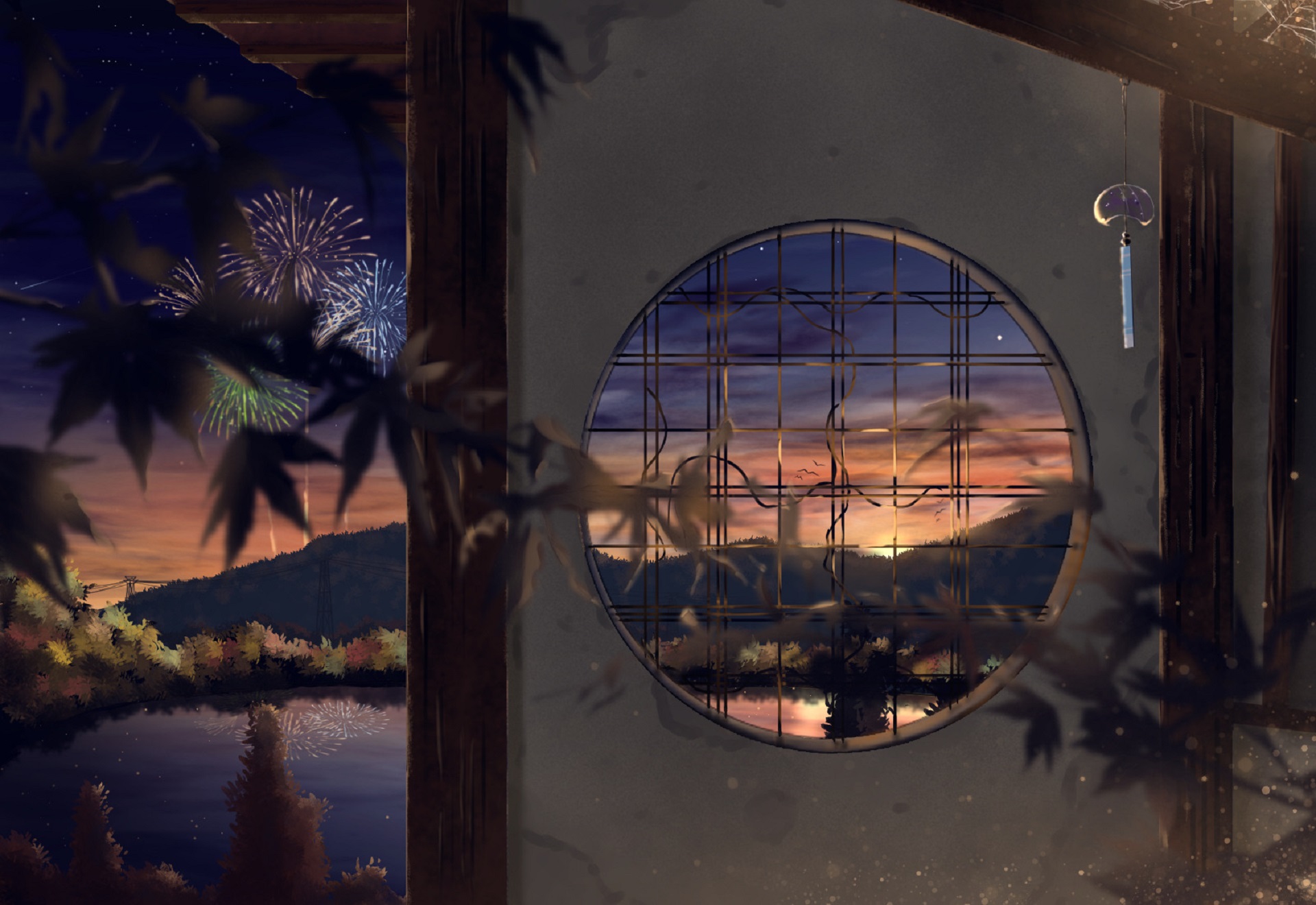 Download mobile wallpaper Landscape, Water, Fantasy, Lake, Fireworks for free.