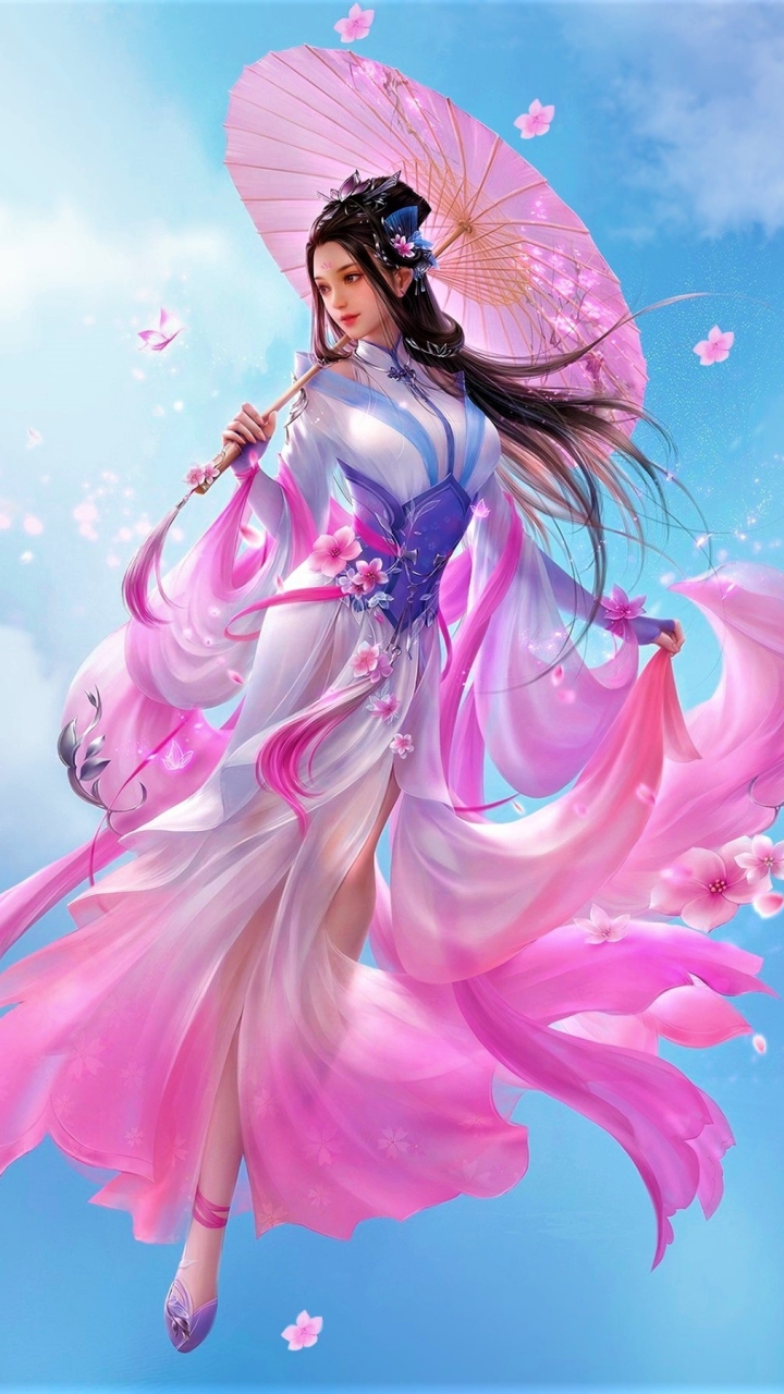 Download mobile wallpaper Fantasy, Women, Asian, Black Hair, Long Hair, Parasol for free.