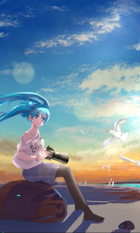 Descarga gratuita de fondo de pantalla para móvil de Cielo, Pájaro, Cámara, Vocaloid, Ojos Azules, Ave, Animado, Pelo Largo, Pelo Azul, Hatsune Miku.