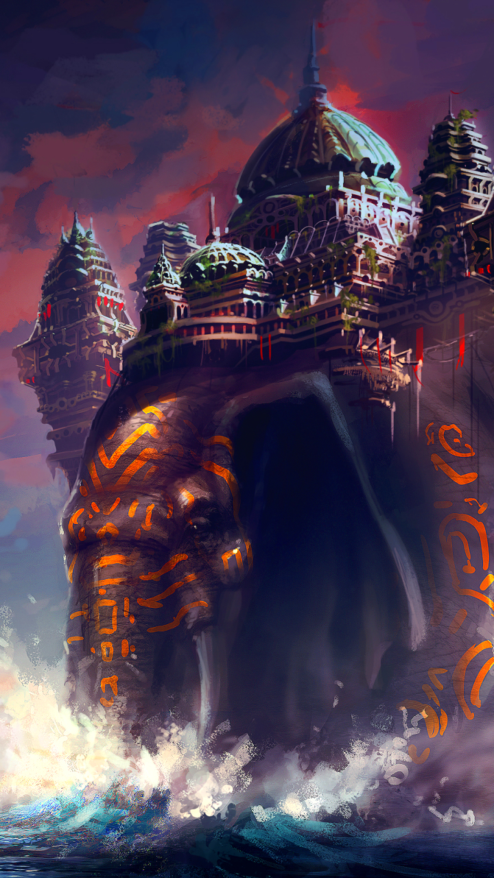 Download mobile wallpaper Fantasy, City, Elephant, Giant, Fantasy Animals for free.