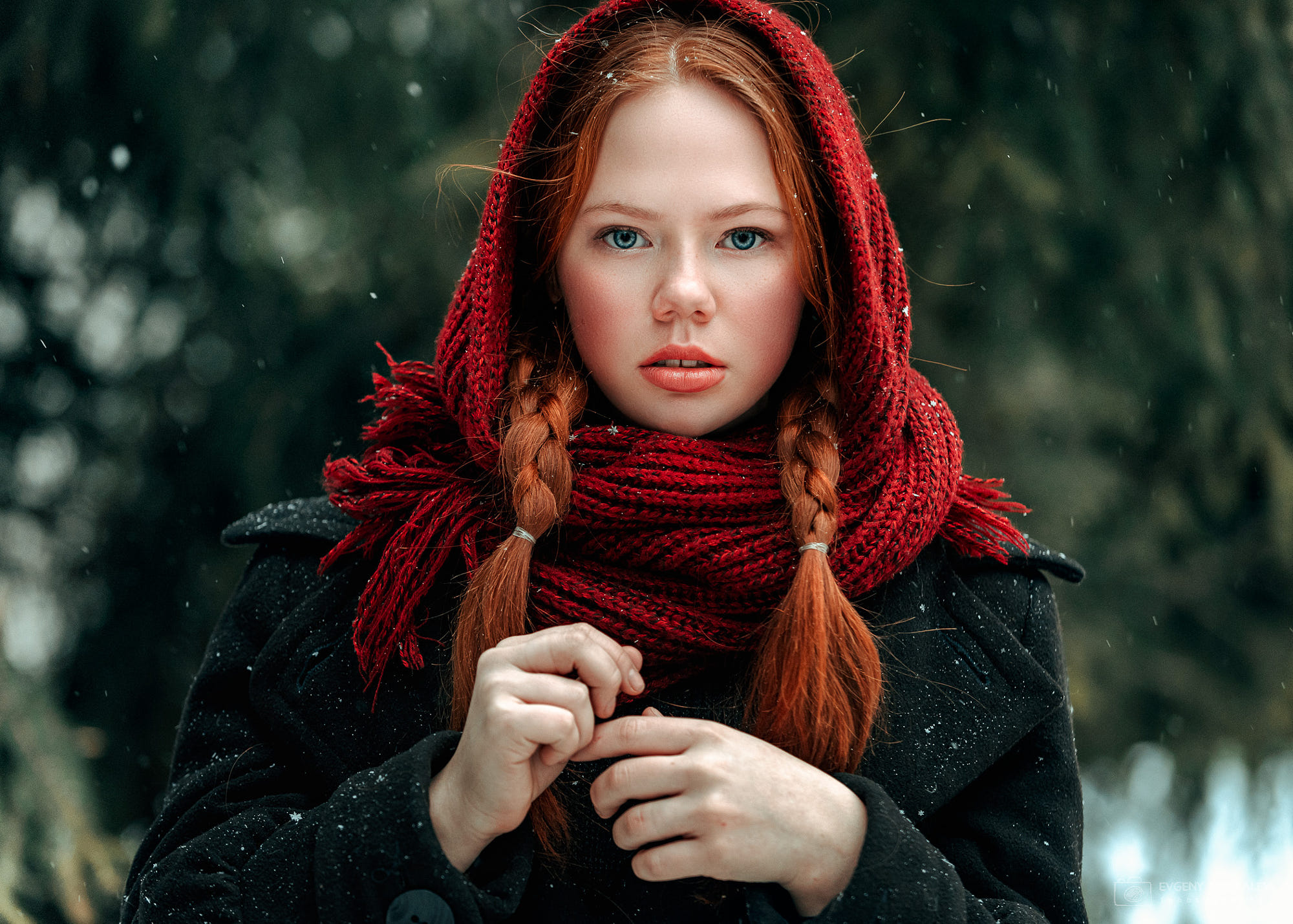 Download mobile wallpaper Redhead, Model, Women, Snowfall, Blue Eyes, Braid, Depth Of Field for free.