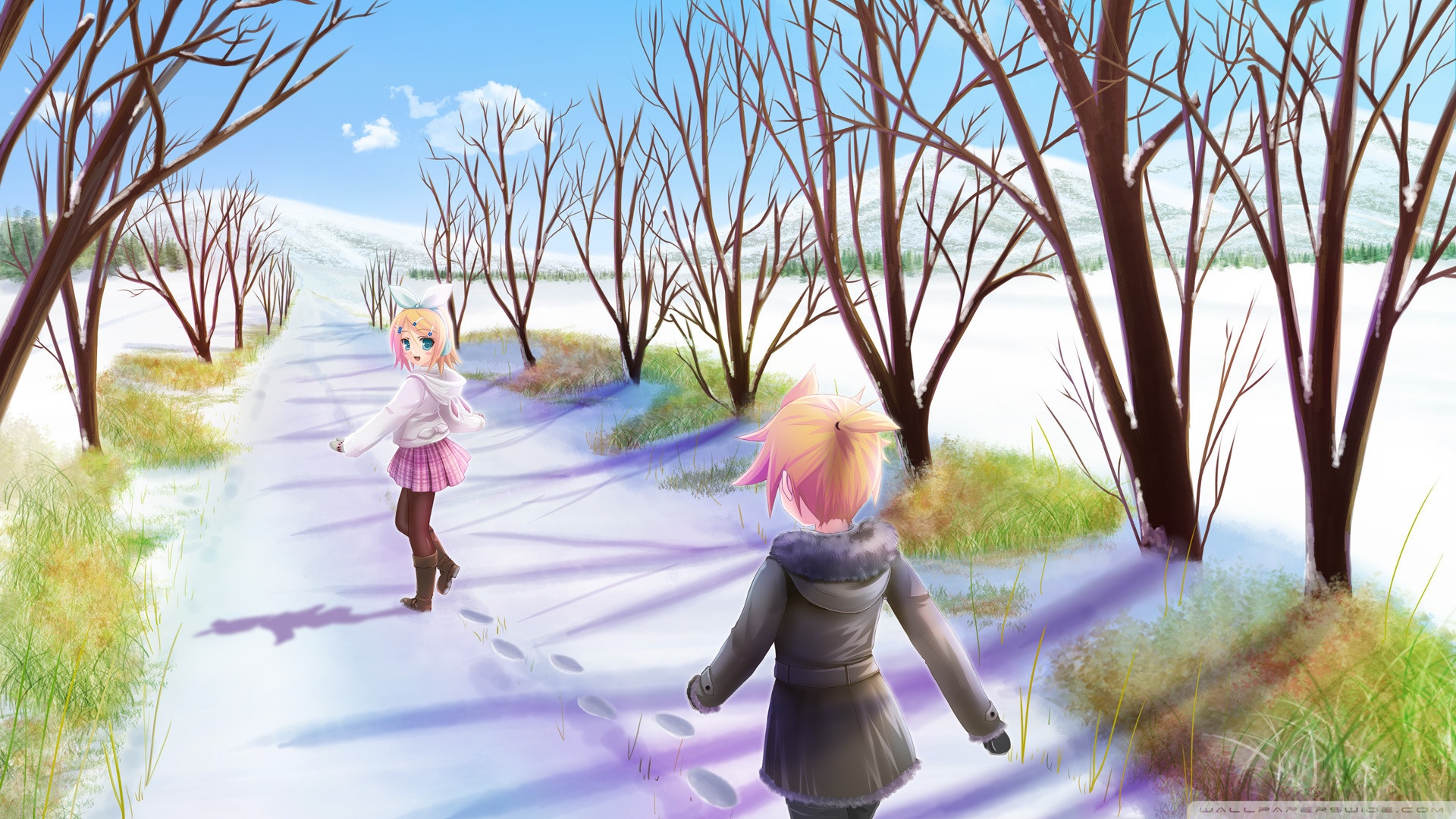 Laden Sie das Winter, Vocaloid, Animes, Rin Kagamine, Len Kagamine-Bild kostenlos auf Ihren PC-Desktop herunter