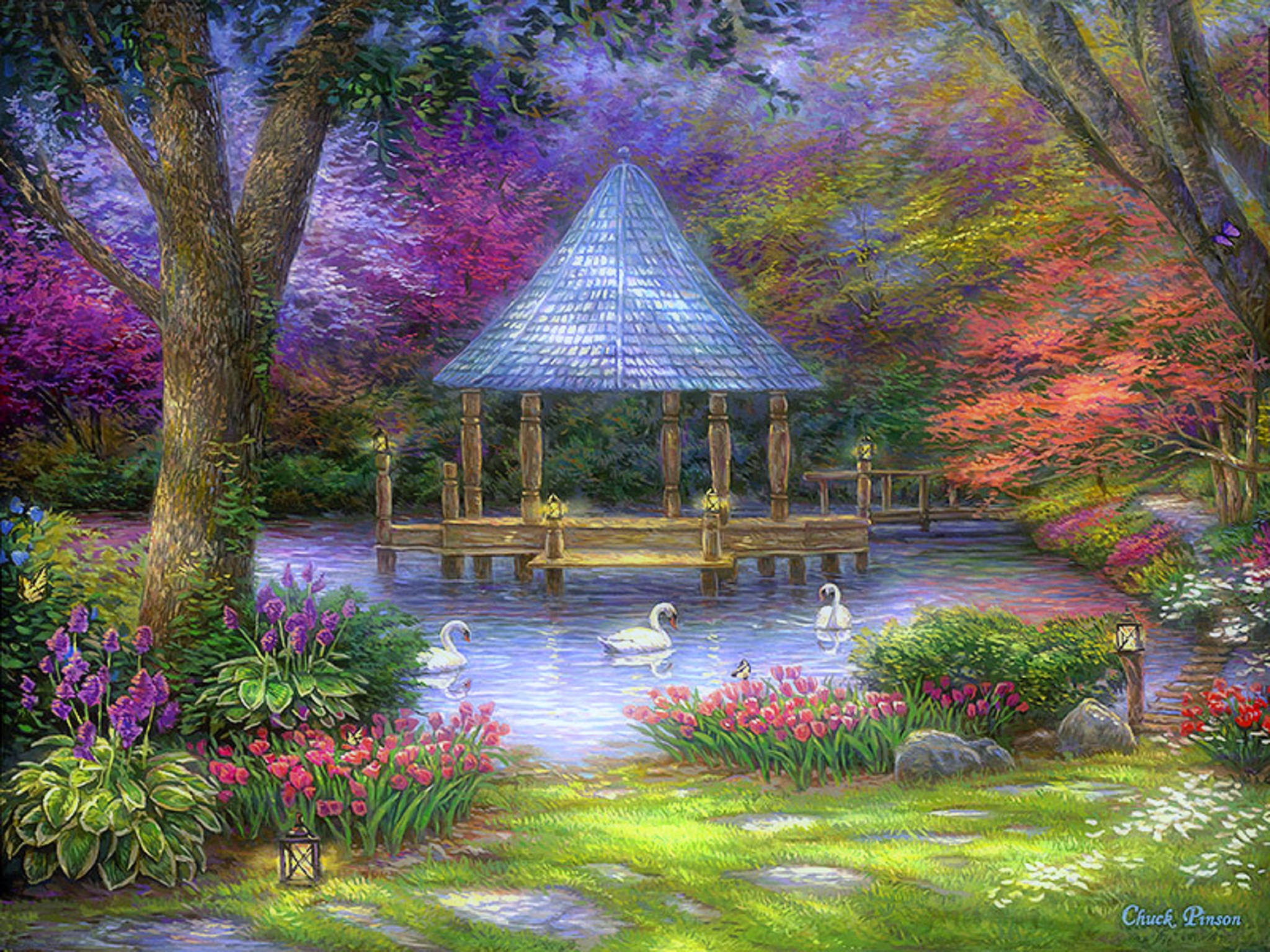 838476 descargar fondo de pantalla artístico, pintura, flor, kiosko, parque, estanque, primavera, cisne, árbol: protectores de pantalla e imágenes gratis