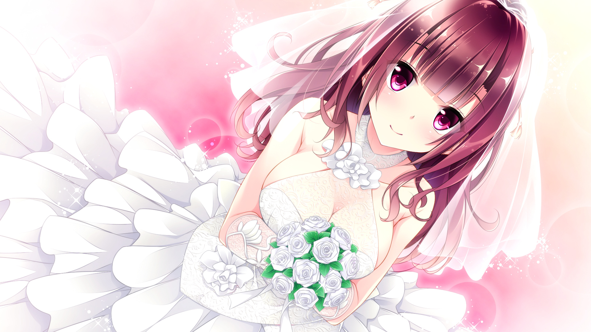 Free download wallpaper Anime, Flower, Smile, Bride, Blush, Long Hair, Red Hair, Pink Eyes, White Dress, Golden Marriage Jewel Days on your PC desktop