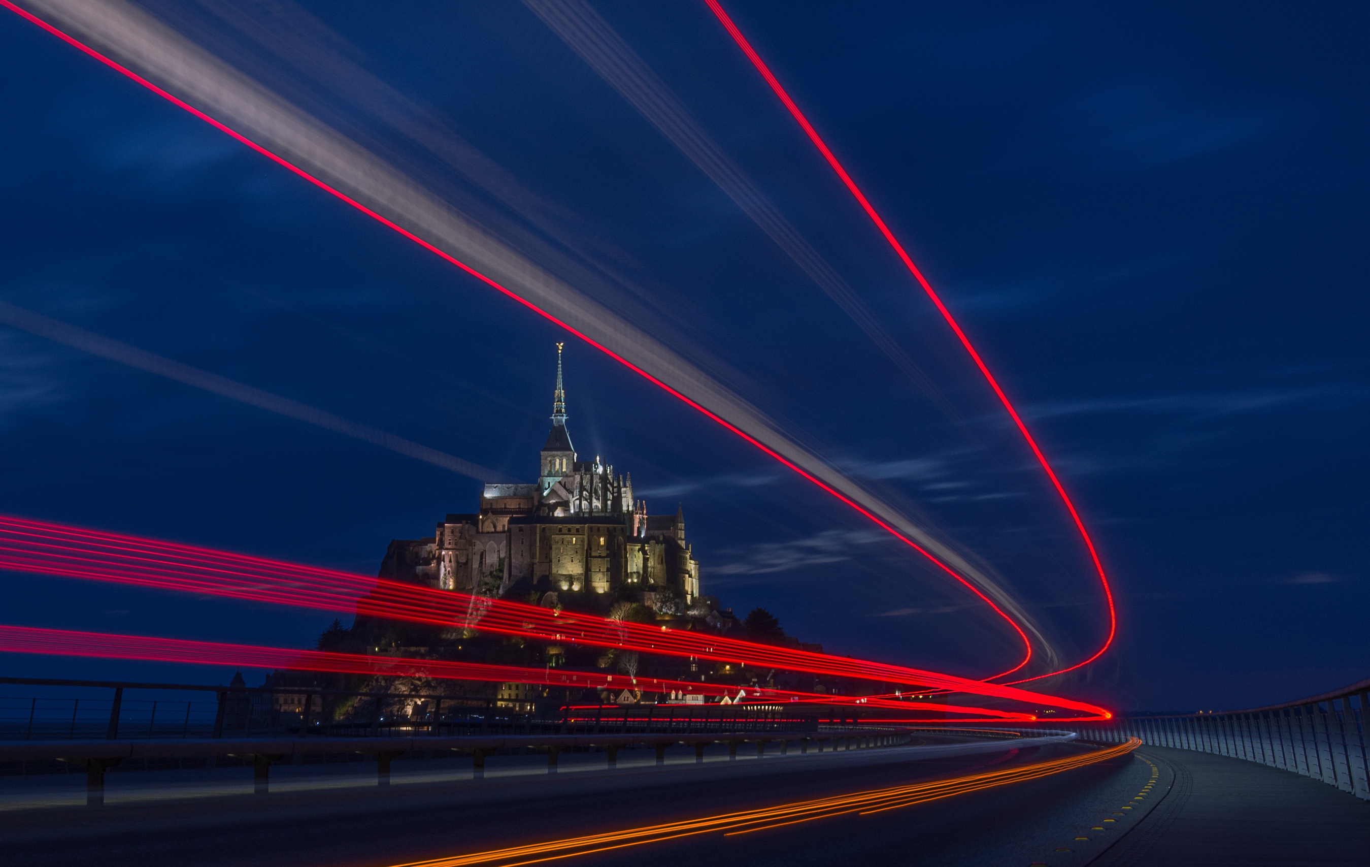 Download mobile wallpaper Night, France, Mont Saint Michel, Monastery, Religious, Time Lapse for free.