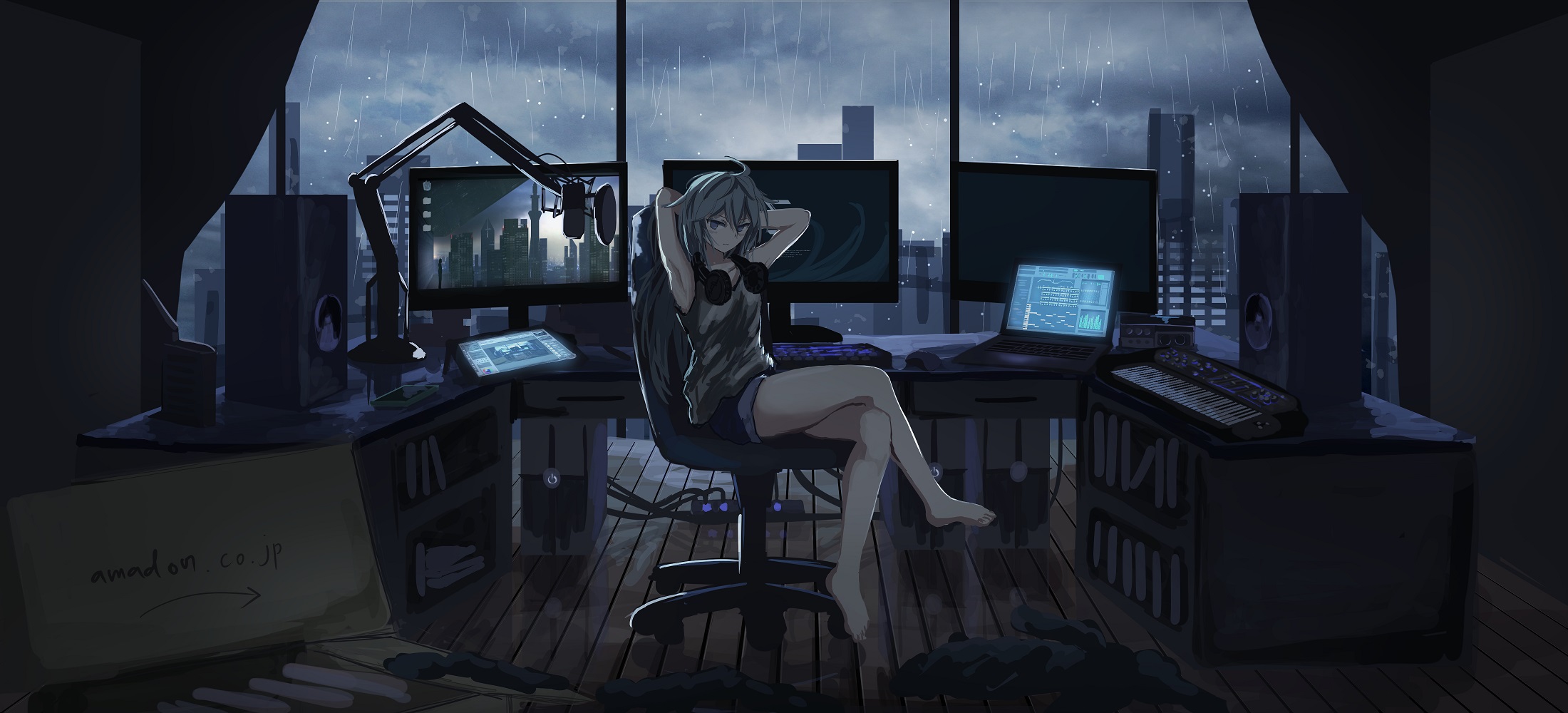 Download mobile wallpaper Anime, Rain, Headphones, Computer, Original for free.